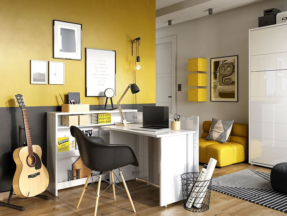 Bureau d'angle Concept Lenart III (Blanc + Blanc brillant)