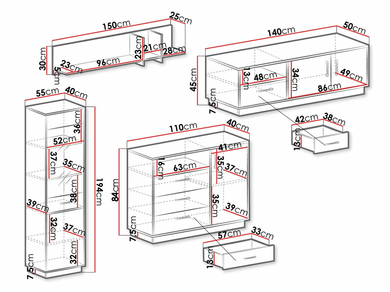 Ensemble de salon Omaha T128 (Blanc + Chêne clair)