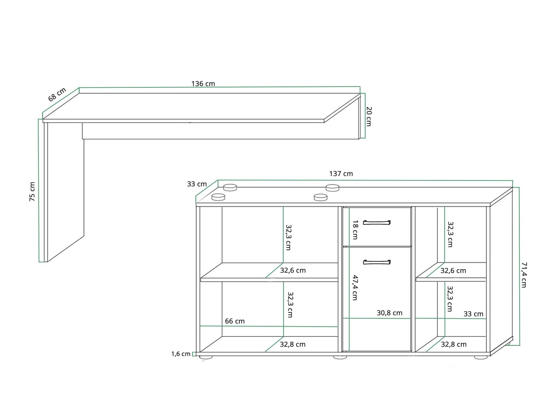 Bureau d'angle Gilroy 113 (Blanc + Noir brillant)