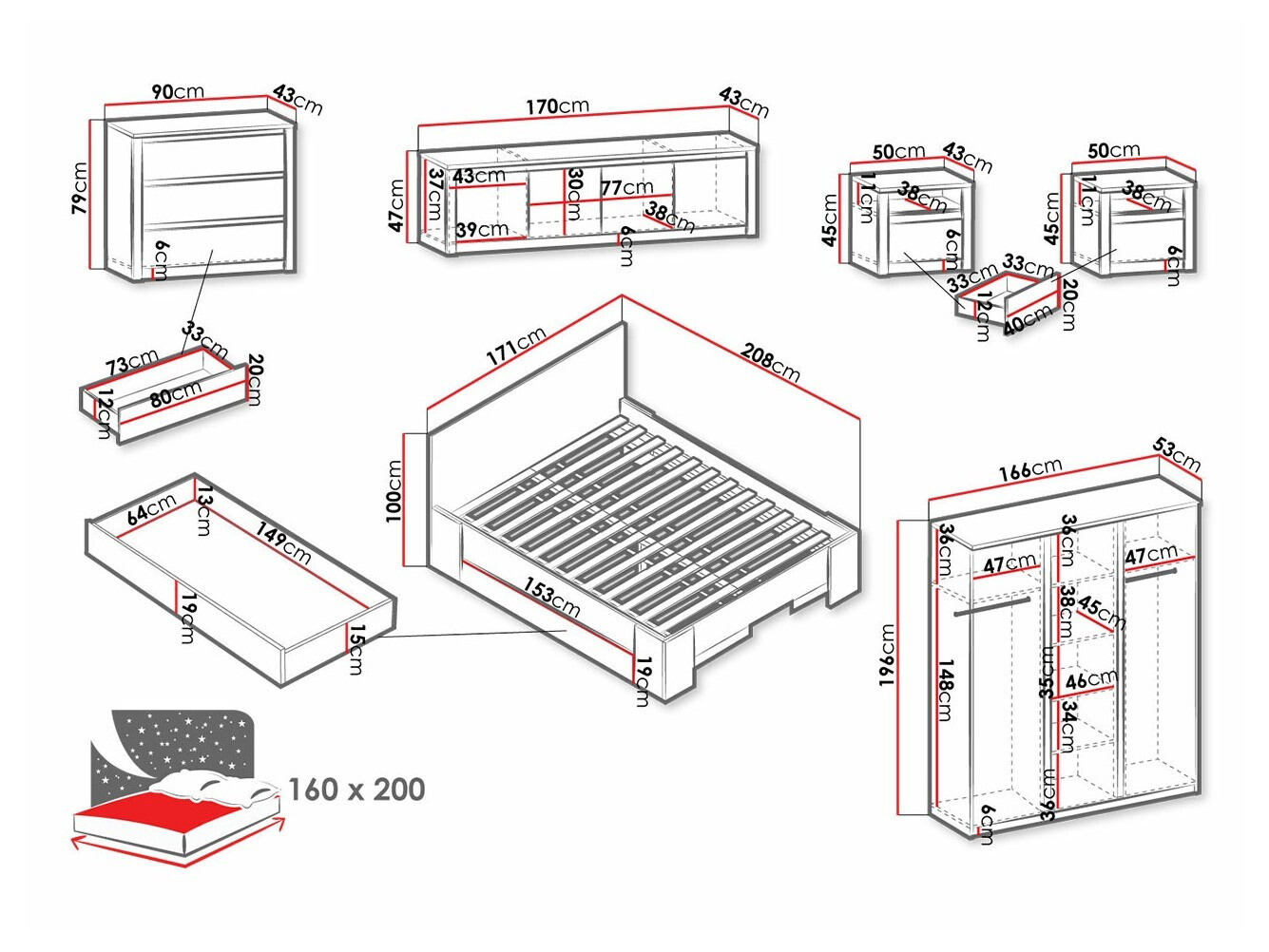 Ensemble de chambre Deldale 120 (Chêne Artisan + Gris)