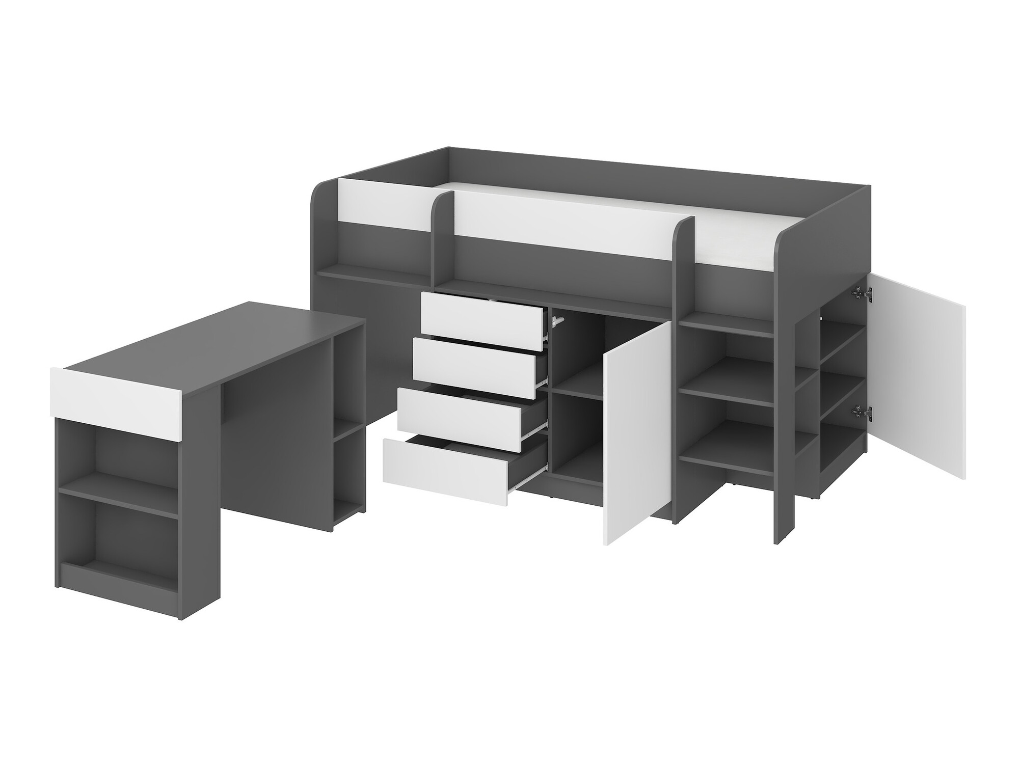 Lit mezzanine Gilroy 116 (Graphite + Blanc)