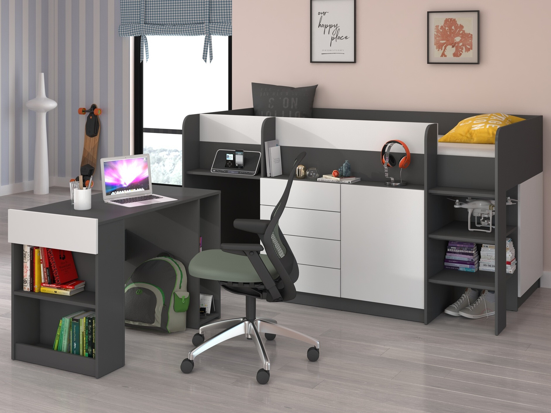 Lit mezzanine Gilroy 116 (Graphite + Blanc)