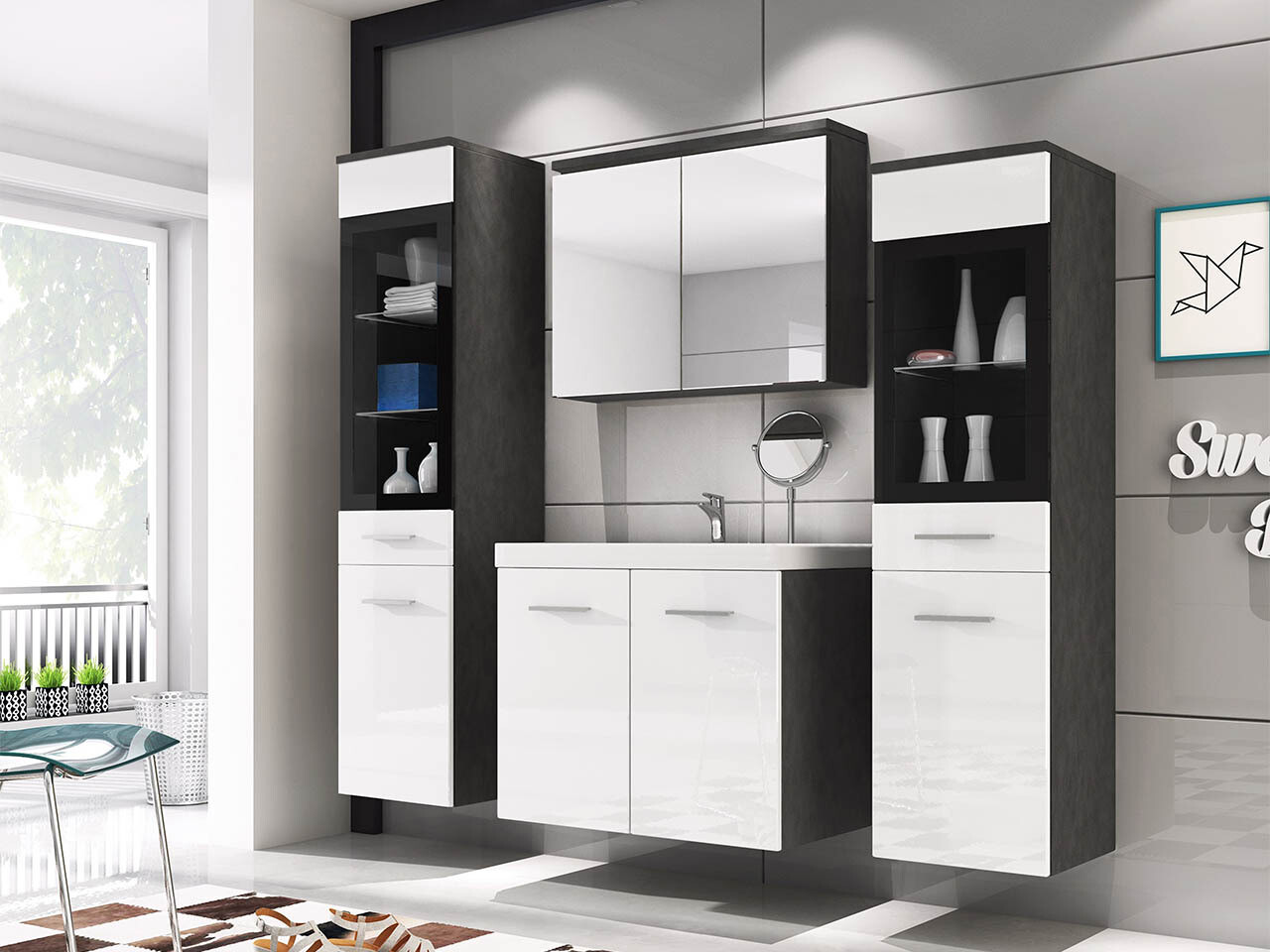 Ensemble de salle de bain Scientia III (Blanc brillant + Matera gris)