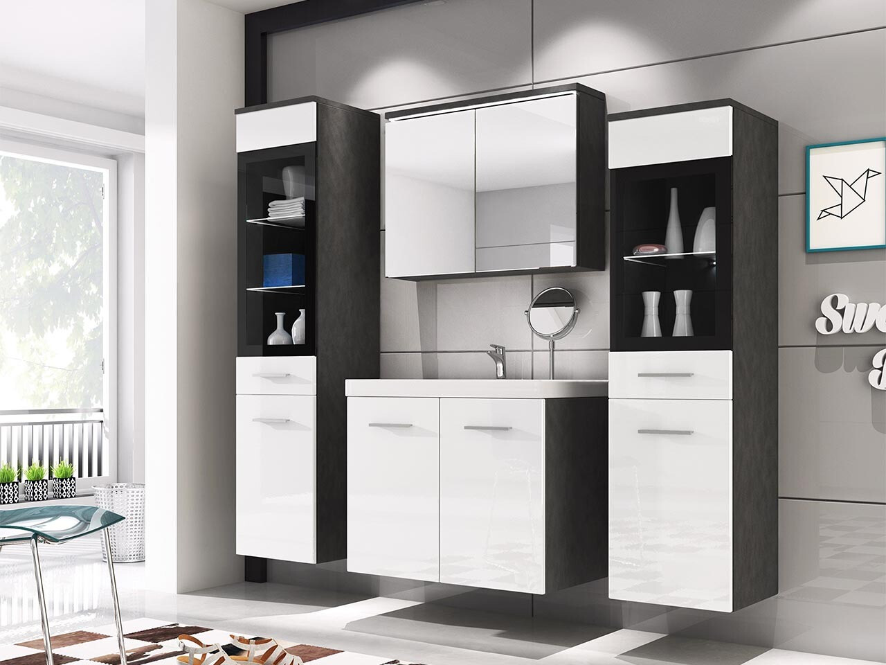 Ensemble de salle de bain Scientia III (Blanc brillant + Matera gris)