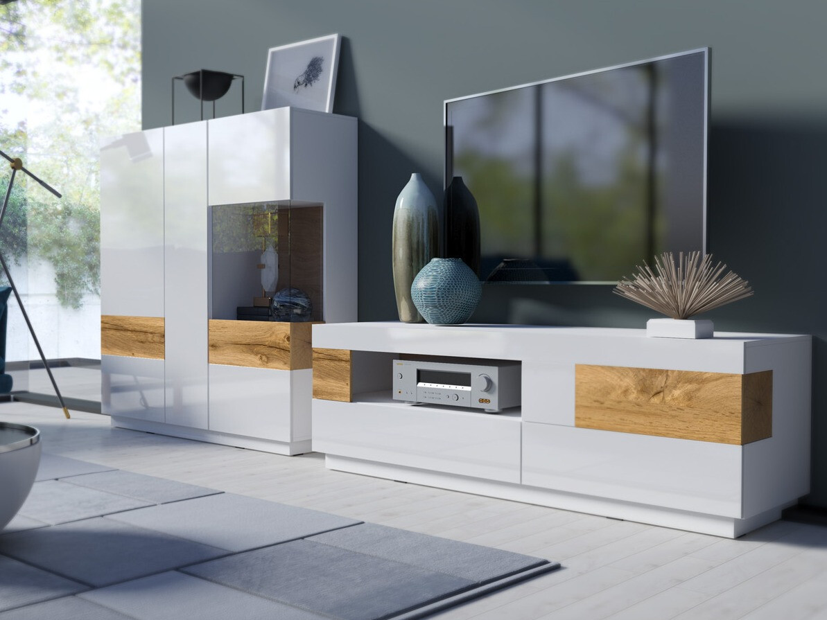 Ensemble de salon Livlore 110 (Blanc + Blanc brillant + Chêne wotan)