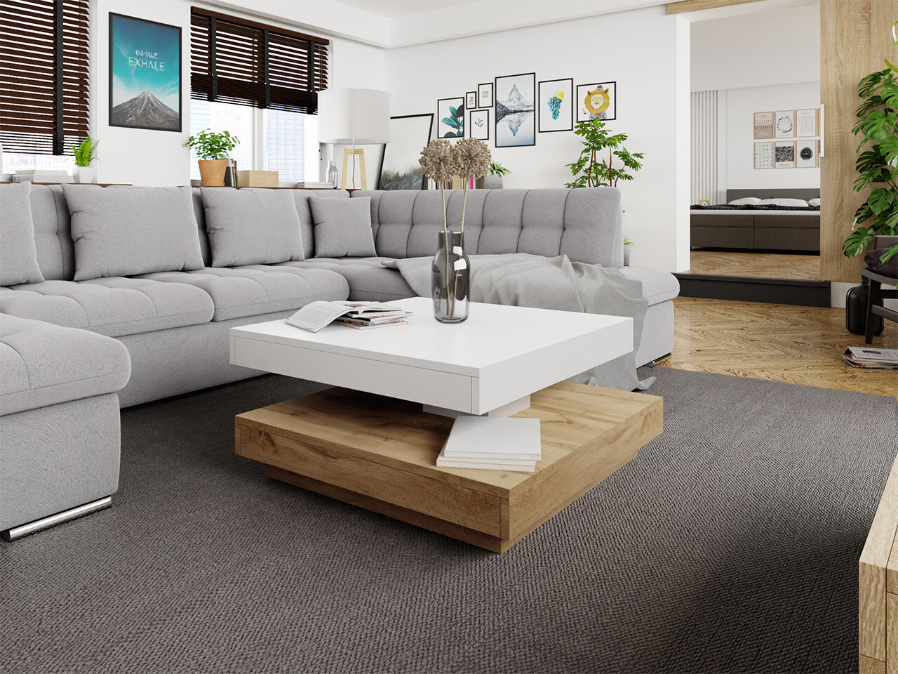 Table basse transformable Comfivo Pisces (Chêne wotan + Blanc)