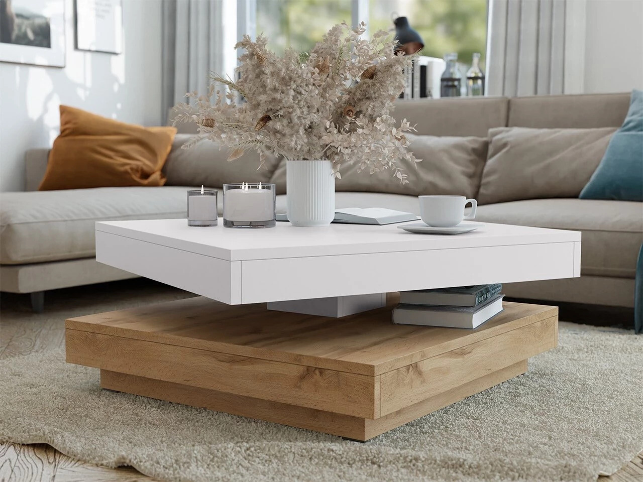 Table basse transformable Comfivo Pisces (Chêne wotan + Blanc)