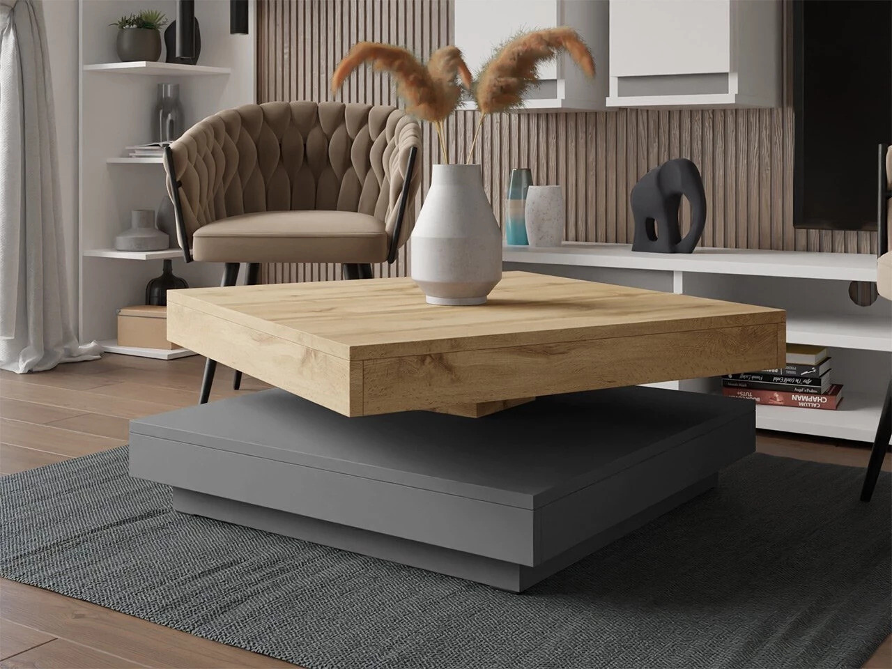 Table basse transformateur Comfivo Pisces (Graphite + Chêne wotan)