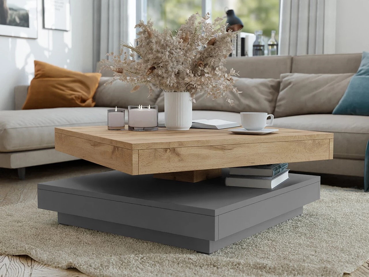Table basse transformateur Comfivo Pisces (Graphite + Chêne wotan)