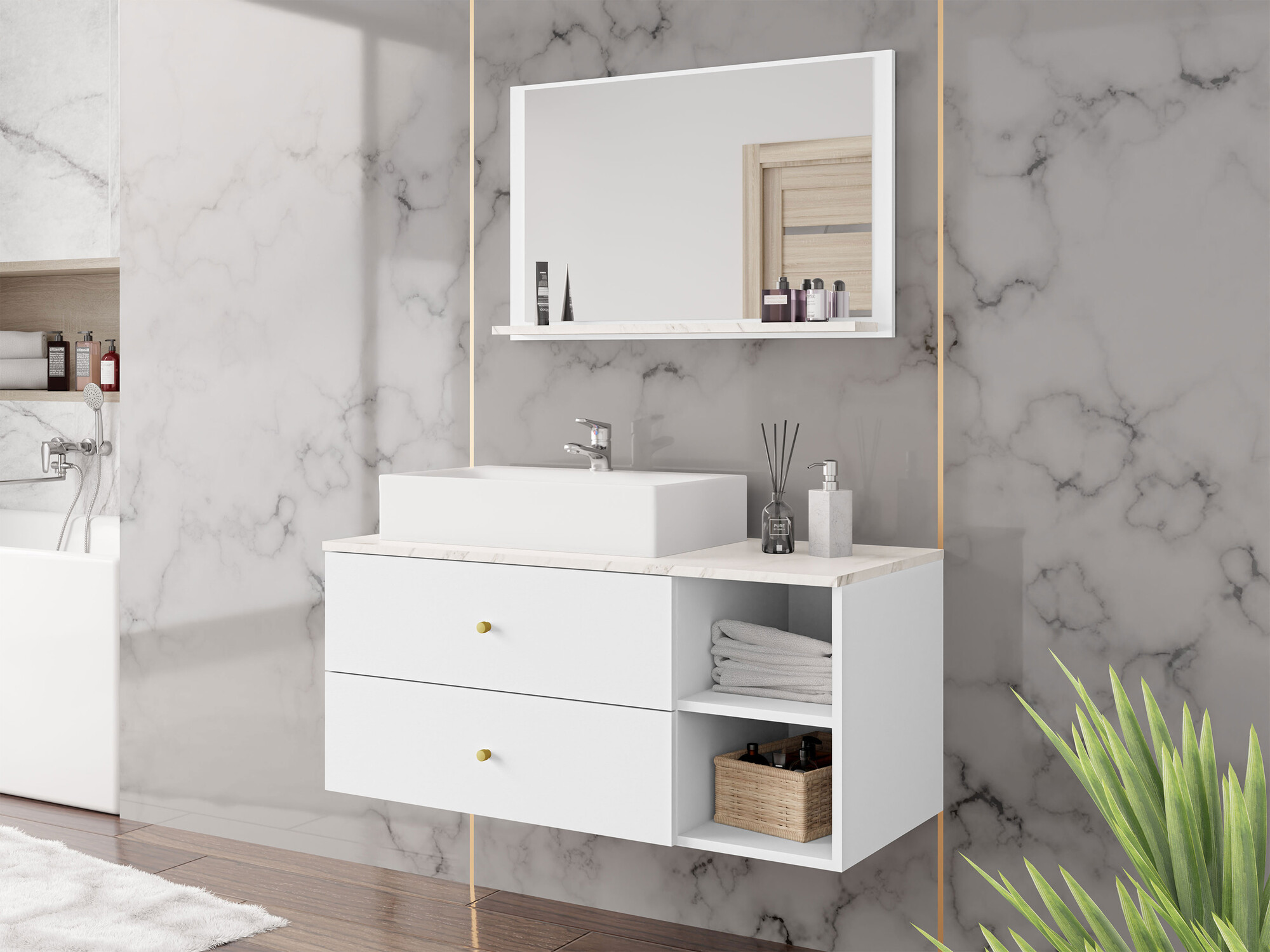 Ensemble de salle de bain Salus I (Blanc + Marbre blanc)