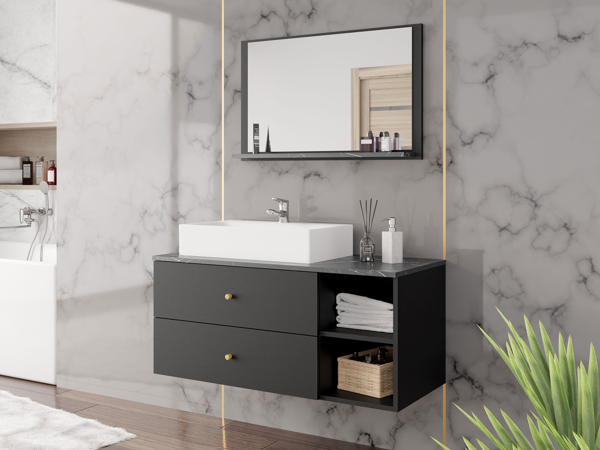 Ensemble de salle de bain Salus I (Noir + Marbre noir)