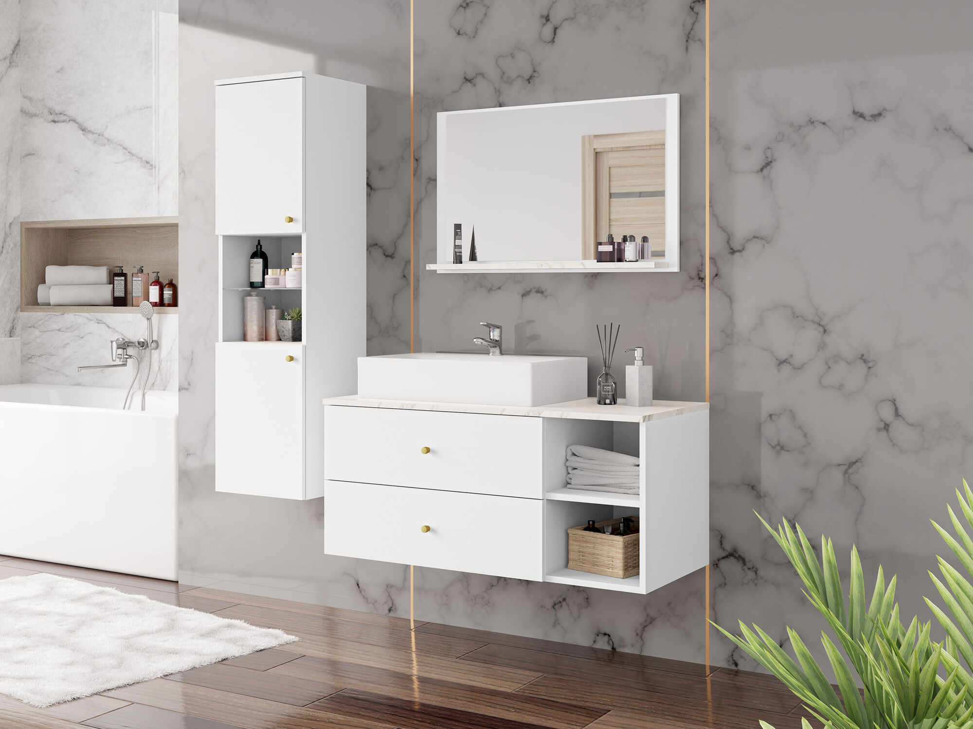 Ensemble de salle de bain Salus II (Blanc + Marbre blanc)