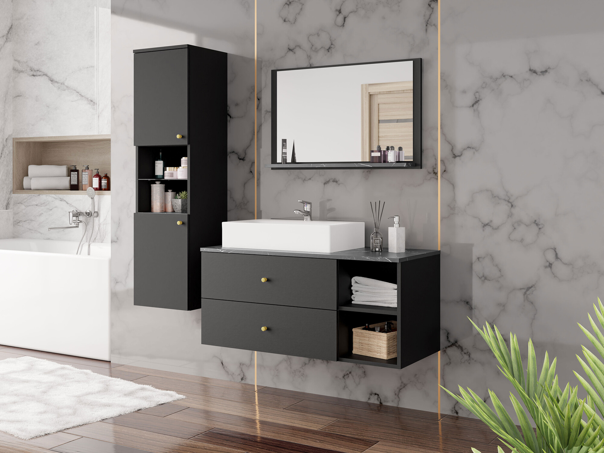 Ensemble de salle de bain Salus II (Noir + Marbre noir)