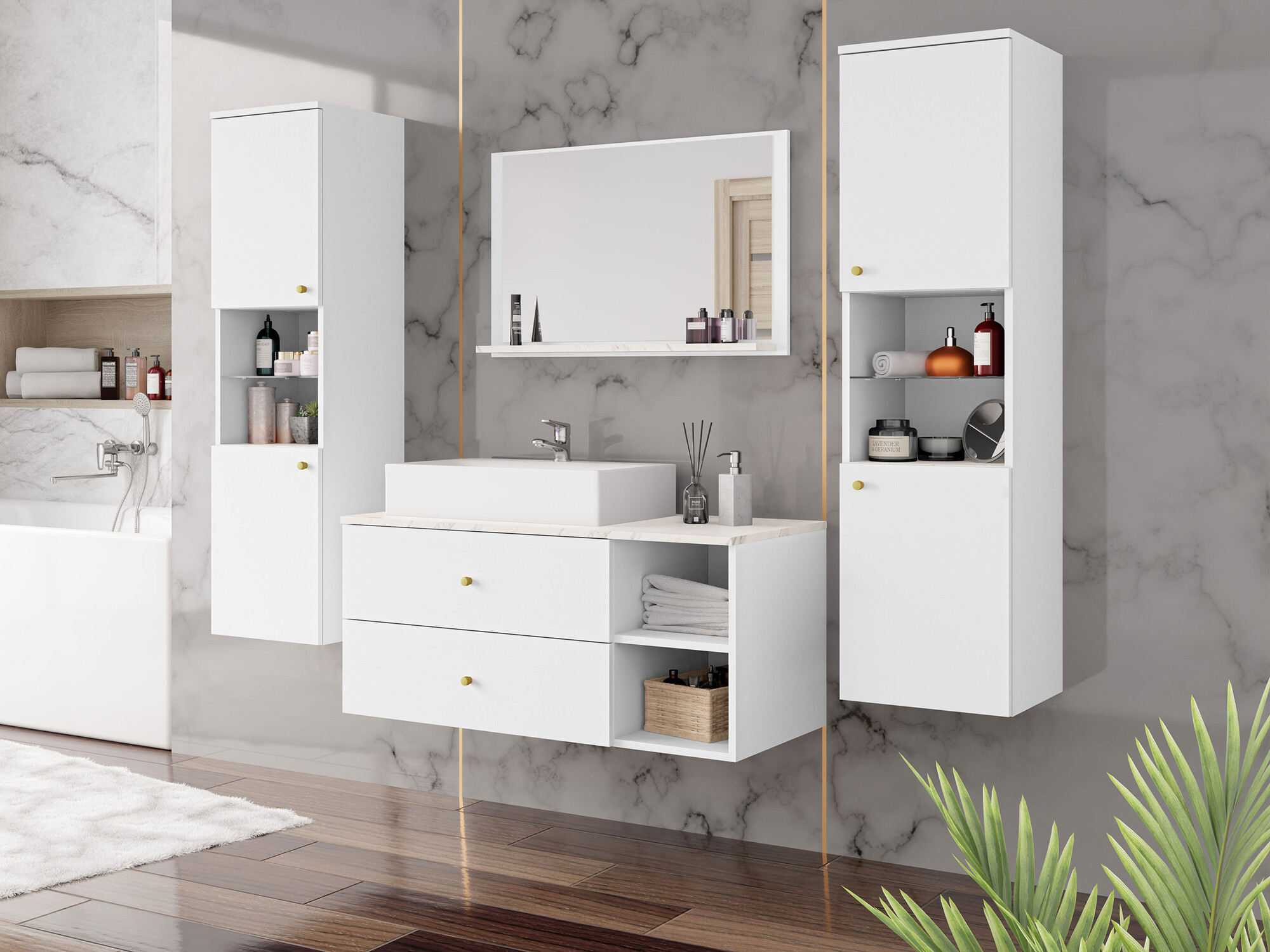 Ensemble de salle de bain Salus III (Blanc + Marbre blanc)