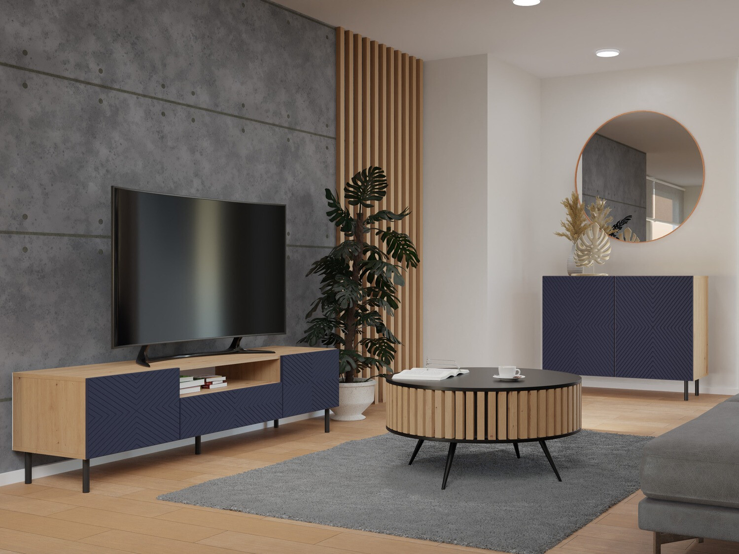 Buffet Romseru 101 (Bleu + Chêne Artisan)