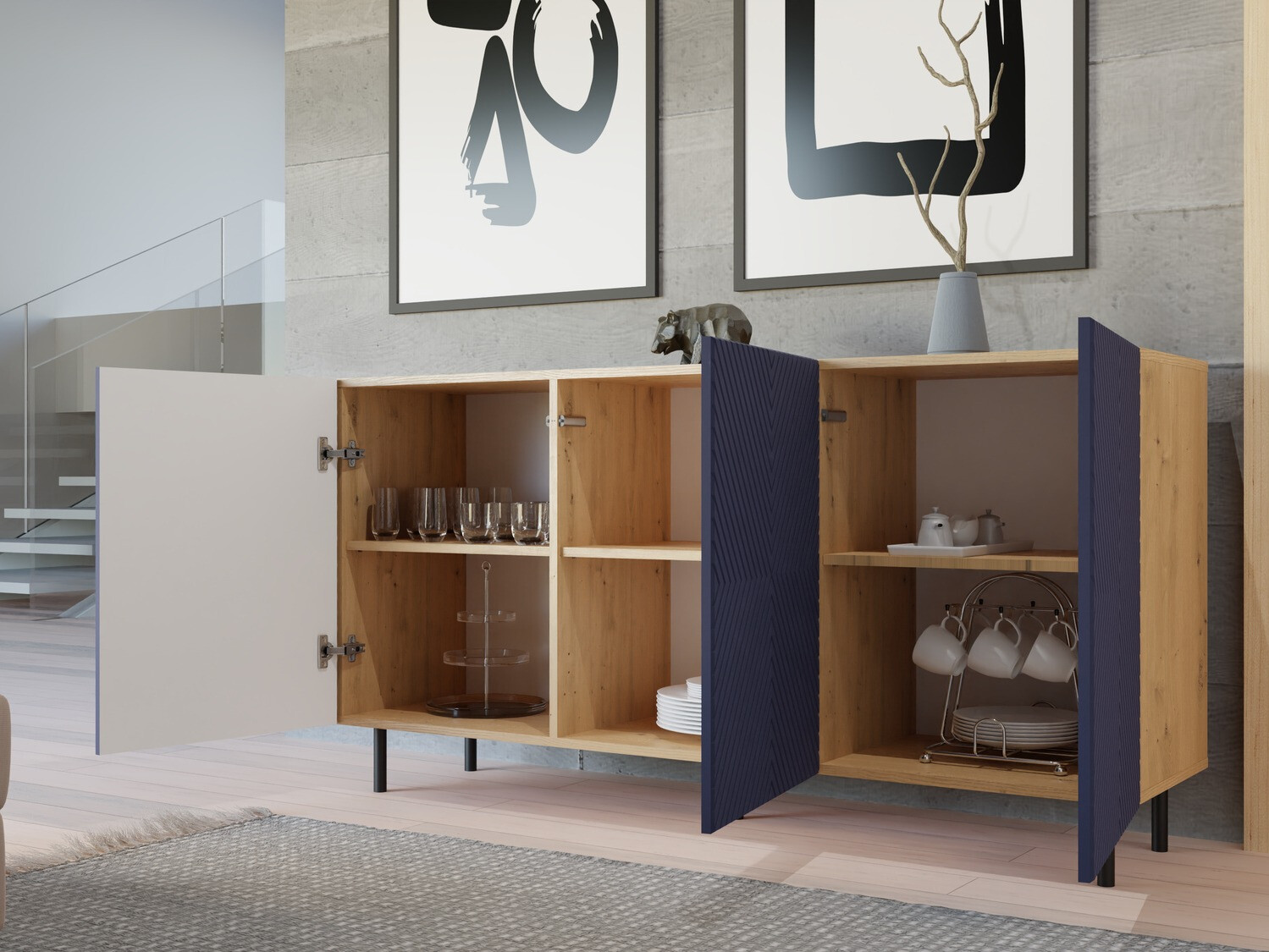 Buffet Romseru 103 (Bleu + Chêne Artisan)