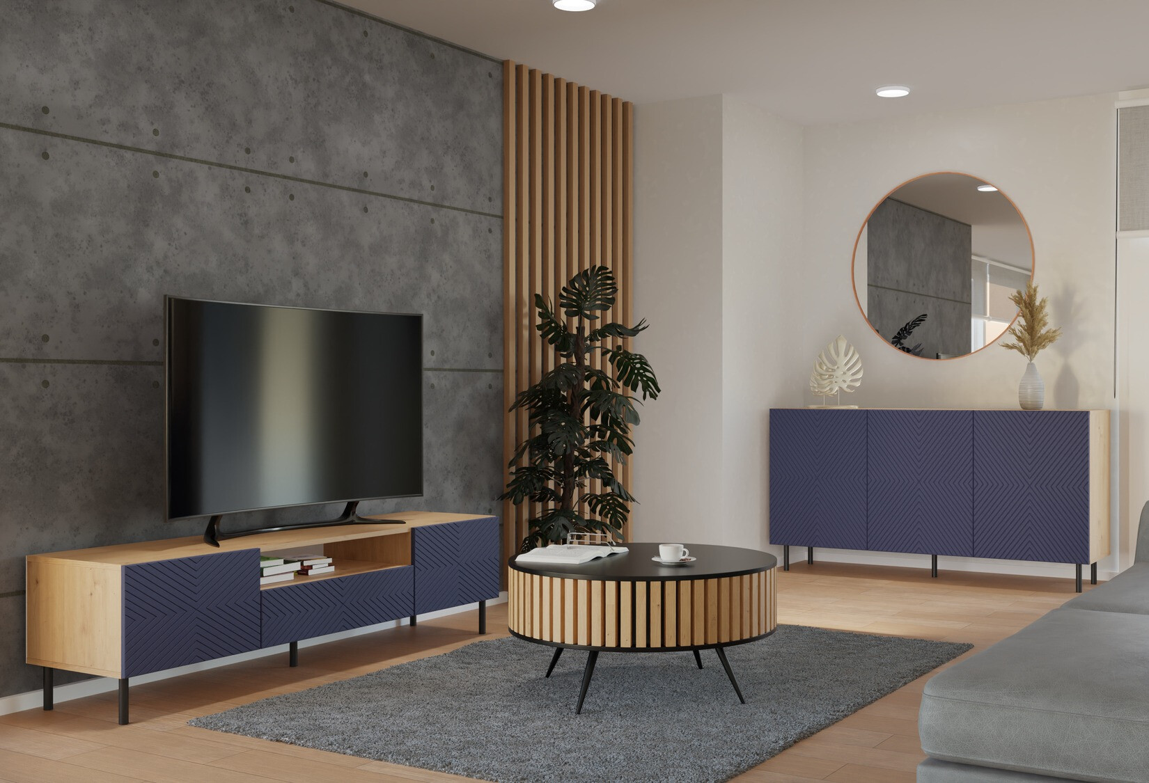 Buffet Romseru 103 (Bleu + Chêne Artisan)