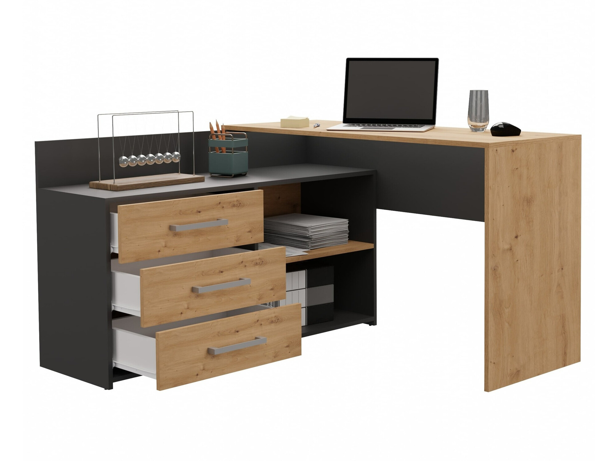 Bureau d'angle Mandeville 131 (Anthracite + Chêne Artisan)