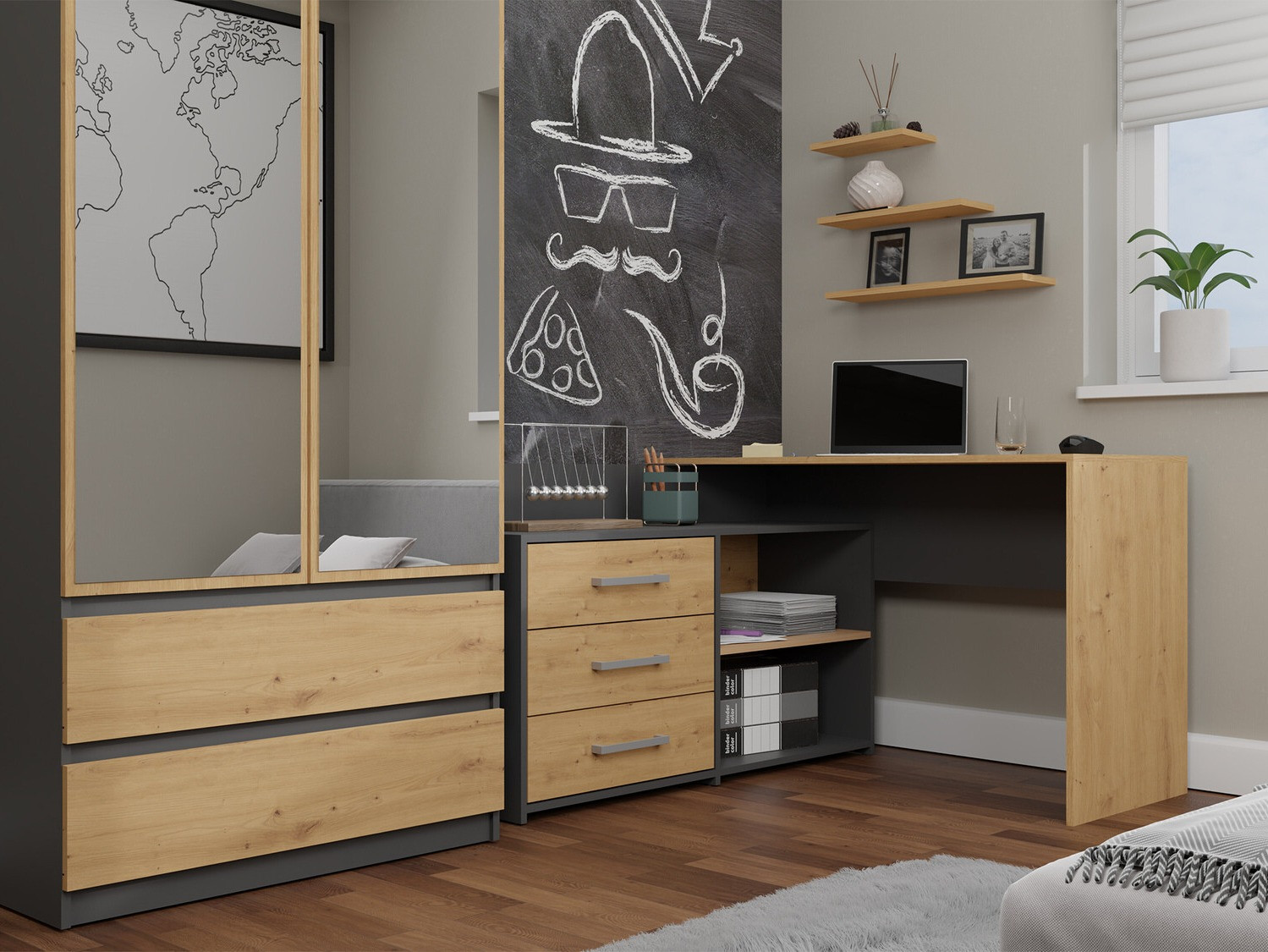 Bureau d'angle Mandeville 131 (Anthracite + Chêne Artisan)
