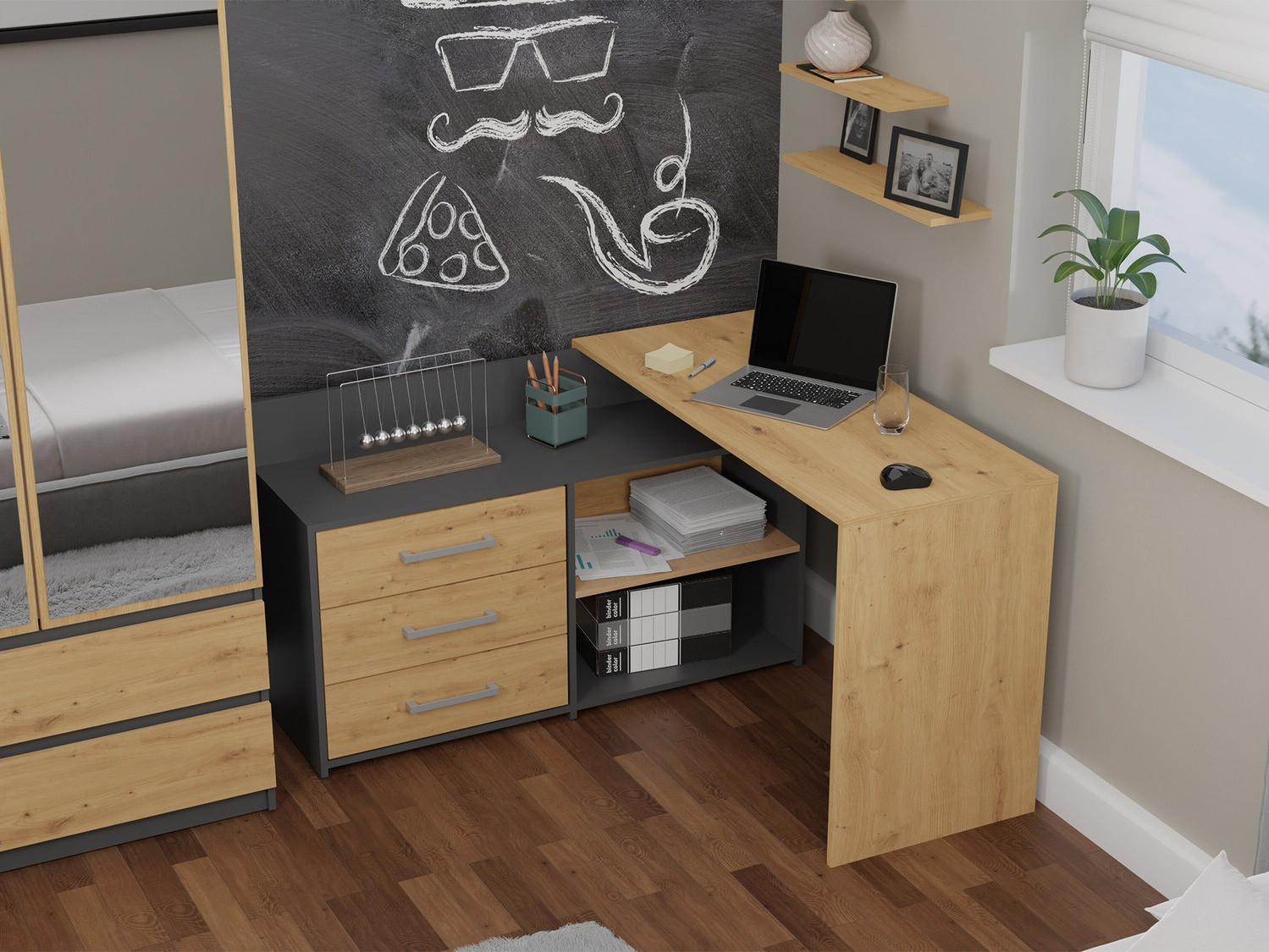 Bureau d'angle Mandeville 131 (Anthracite + Chêne Artisan)