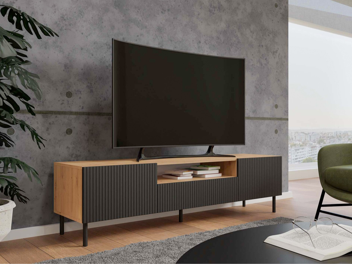 Meuble TV Romseru 105 (Noir + Chêne Artisan)