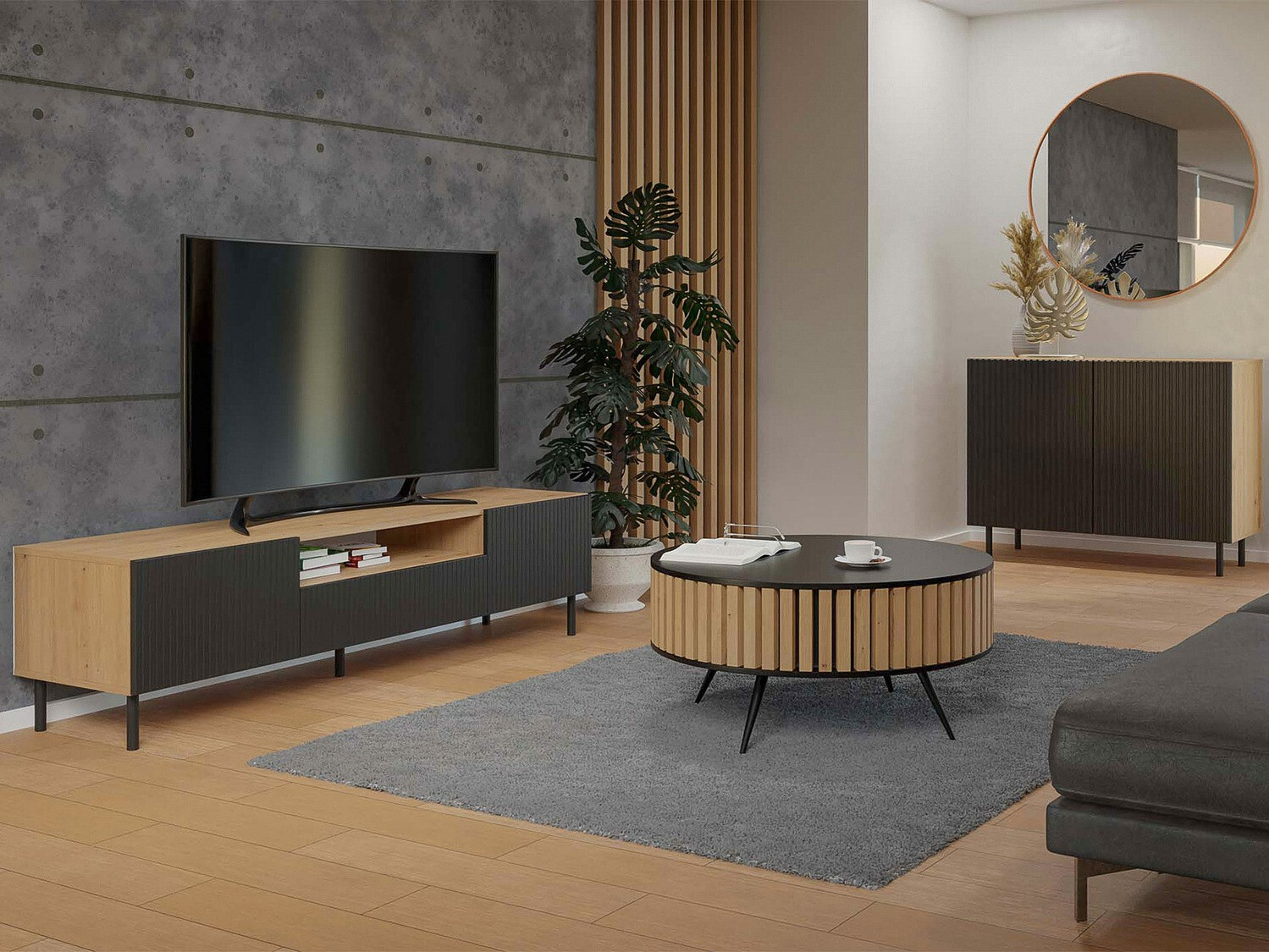 Meuble TV Romseru 105 (Noir + Chêne Artisan)