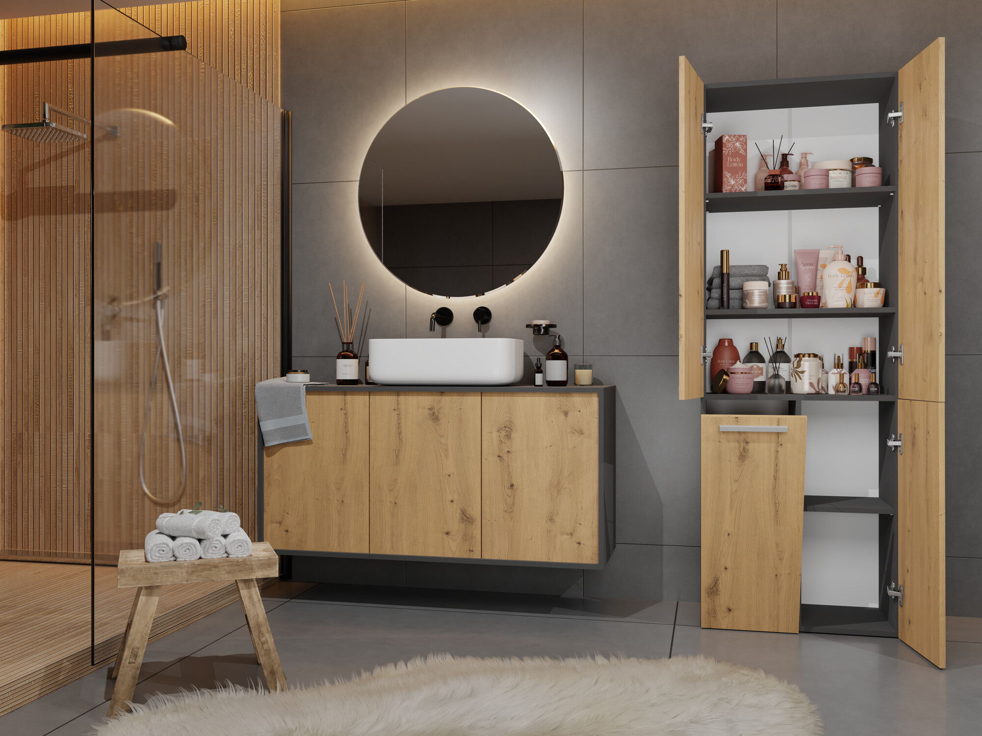 Armoire de bain à poser Nolmaru 100 (Anthracite + Chêne Artisan)