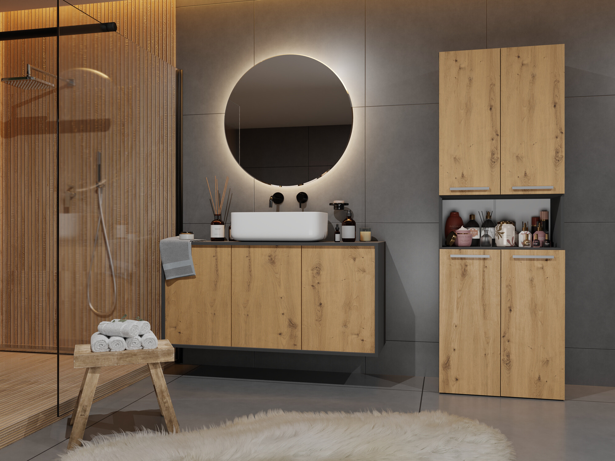 Armoire de bain à poser Nolmaru 101 (Anthracite + Chêne Artisan)