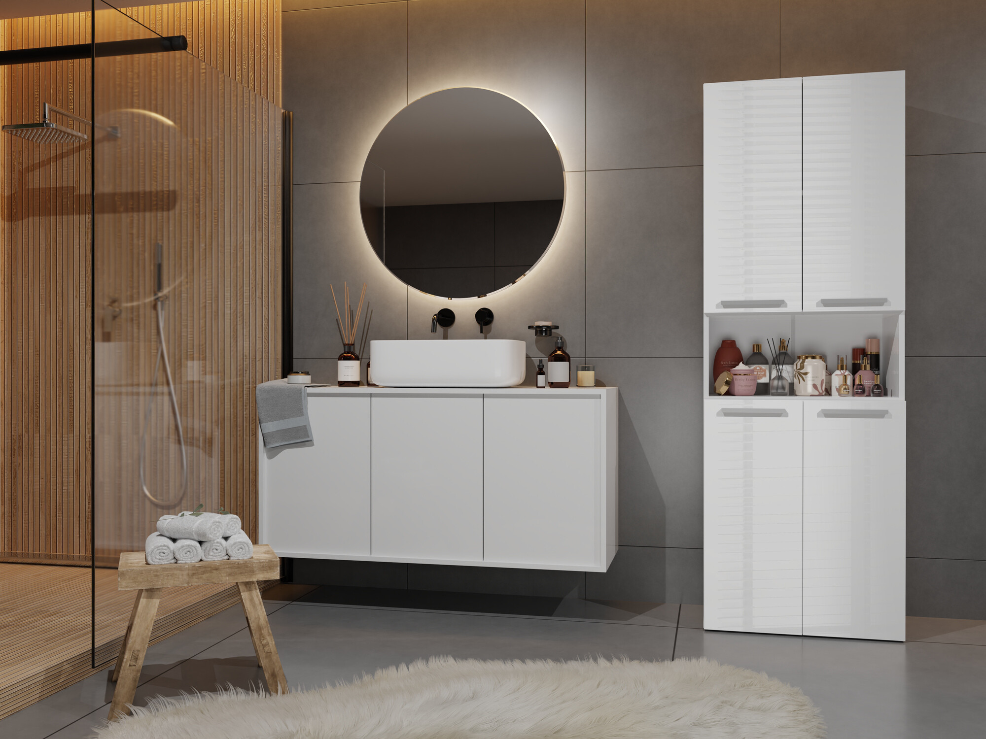 Armoire de bain à poser Nolmaru 101 (Blanc + Blanc brillant)