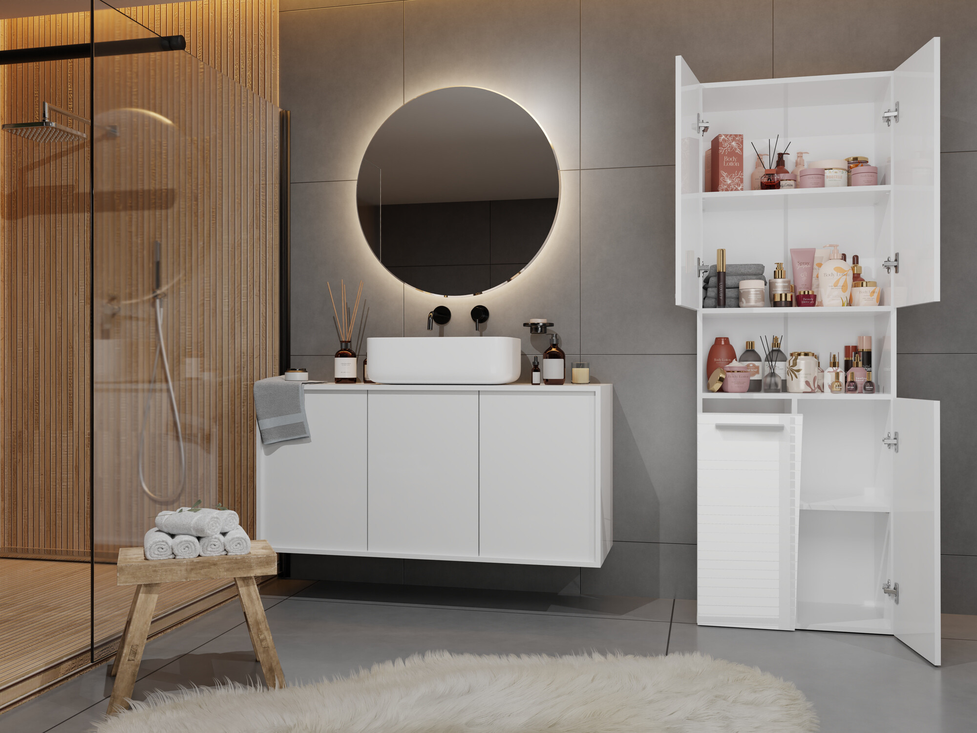 Armoire de bain à poser Nolmaru 101 (Blanc + Blanc brillant)
