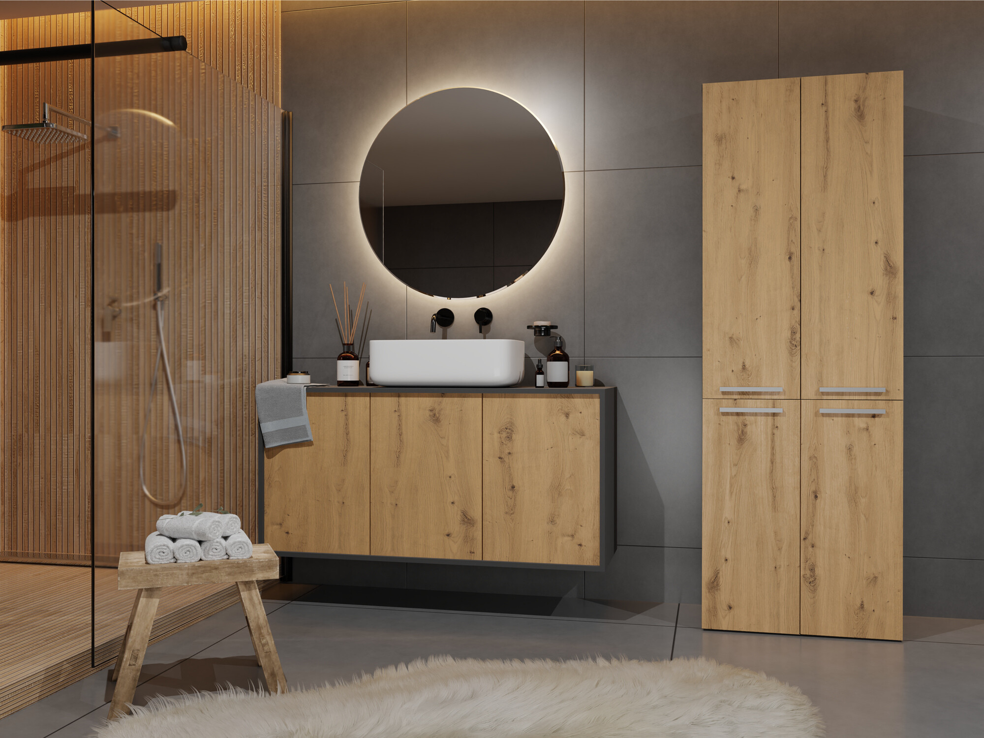Armoire de bain à poser Nolmaru 102 (Anthracite + Chêne Artisan)