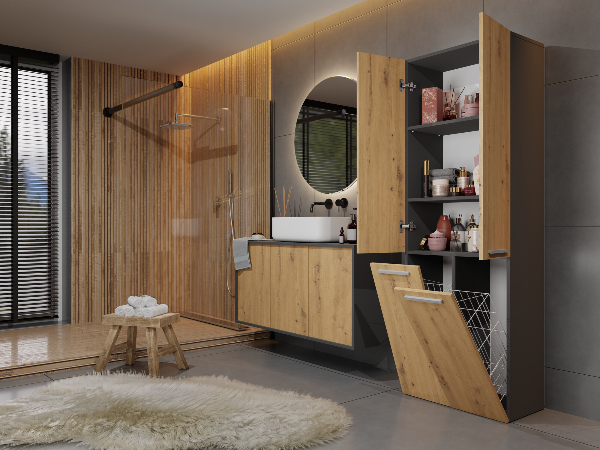 Armoire de bain à poser Nolmaru 102 (Anthracite + Chêne Artisan)