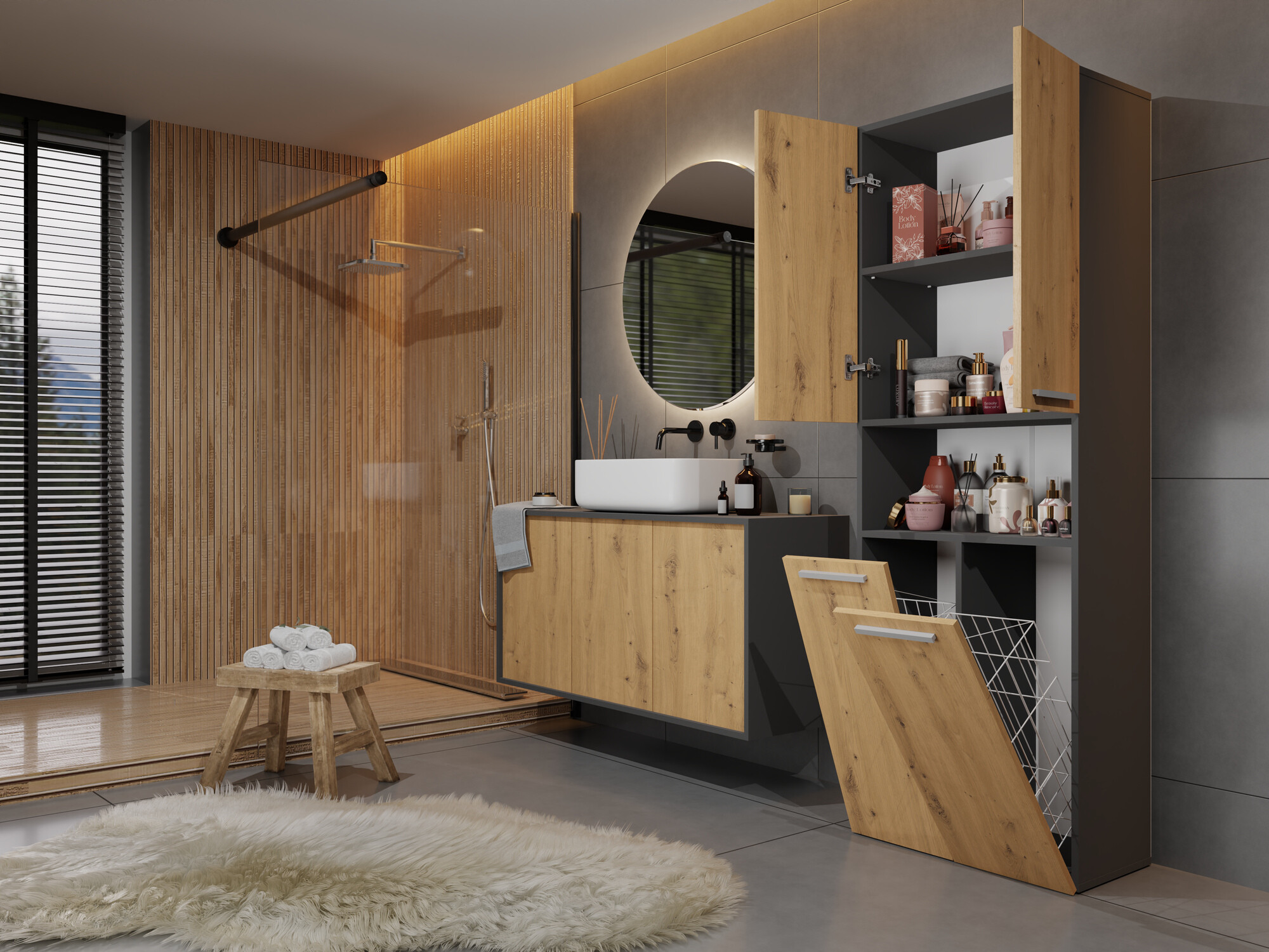 Armoire de bain à poser Nolmaru 103 (Anthracite + Chêne Artisan)
