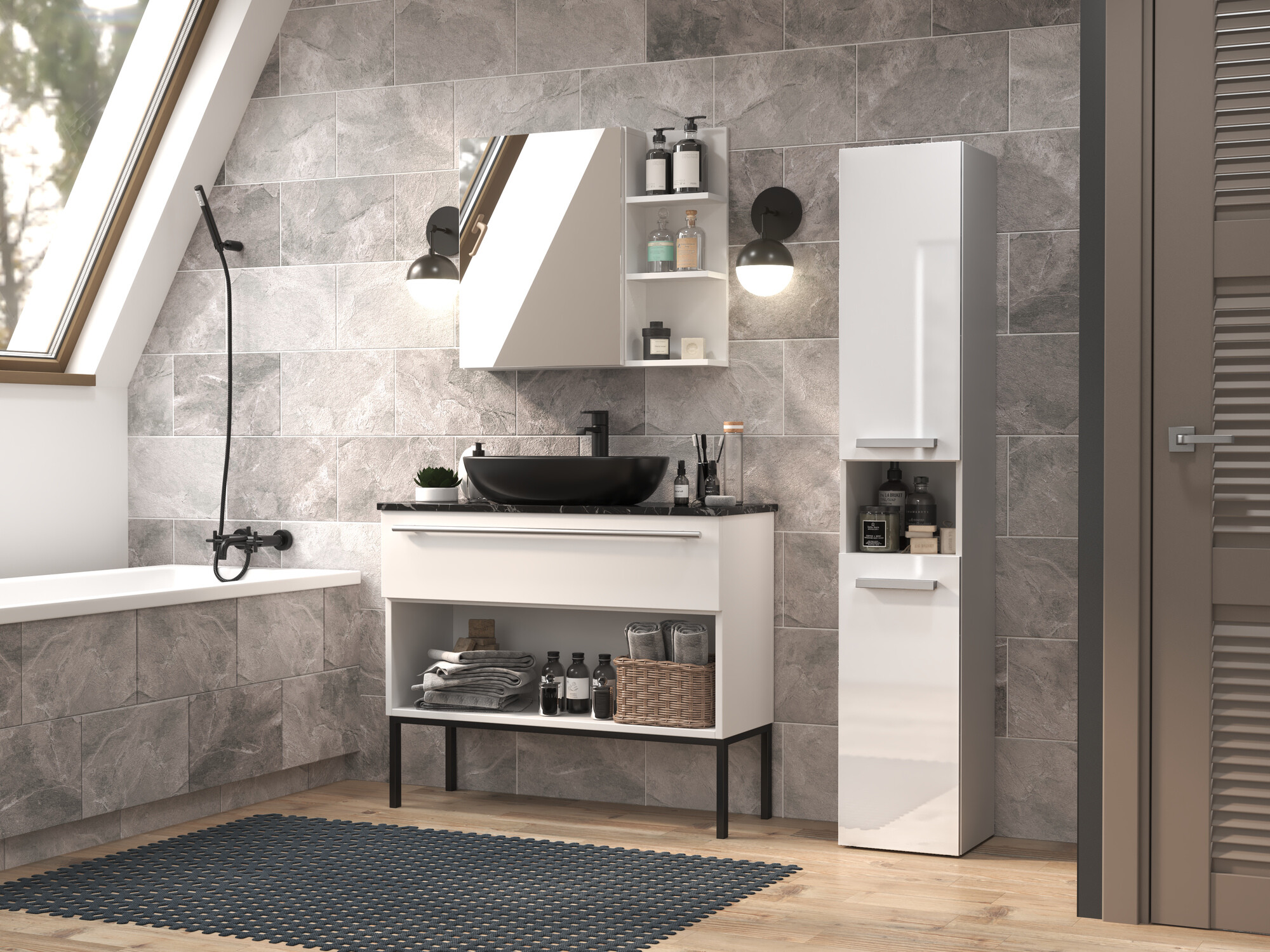 Armoire de bain à poser Nolmaru 104 (Blanc + Blanc brillant)