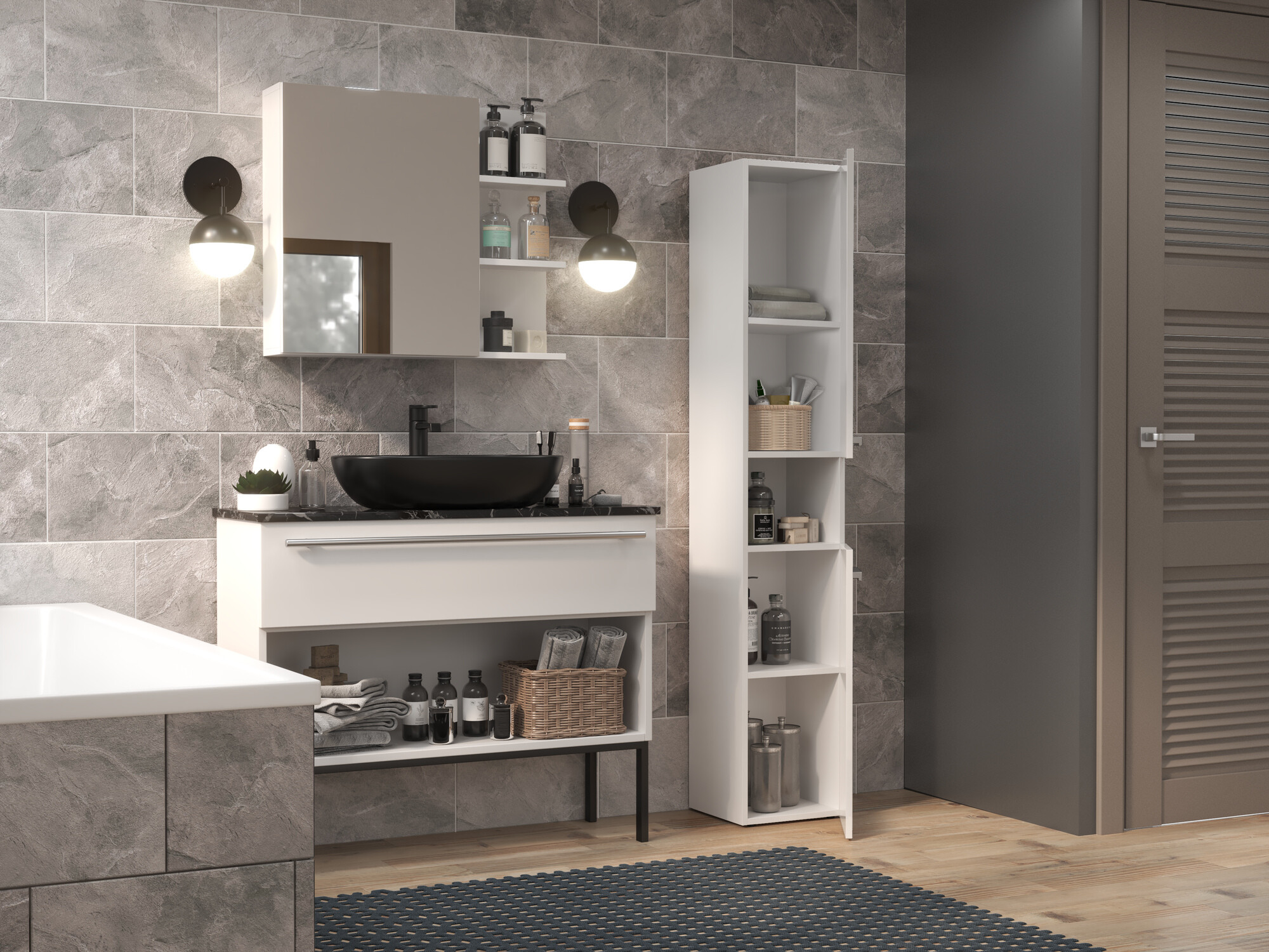Armoire de bain à poser Nolmaru 104 (Blanc + Blanc brillant)