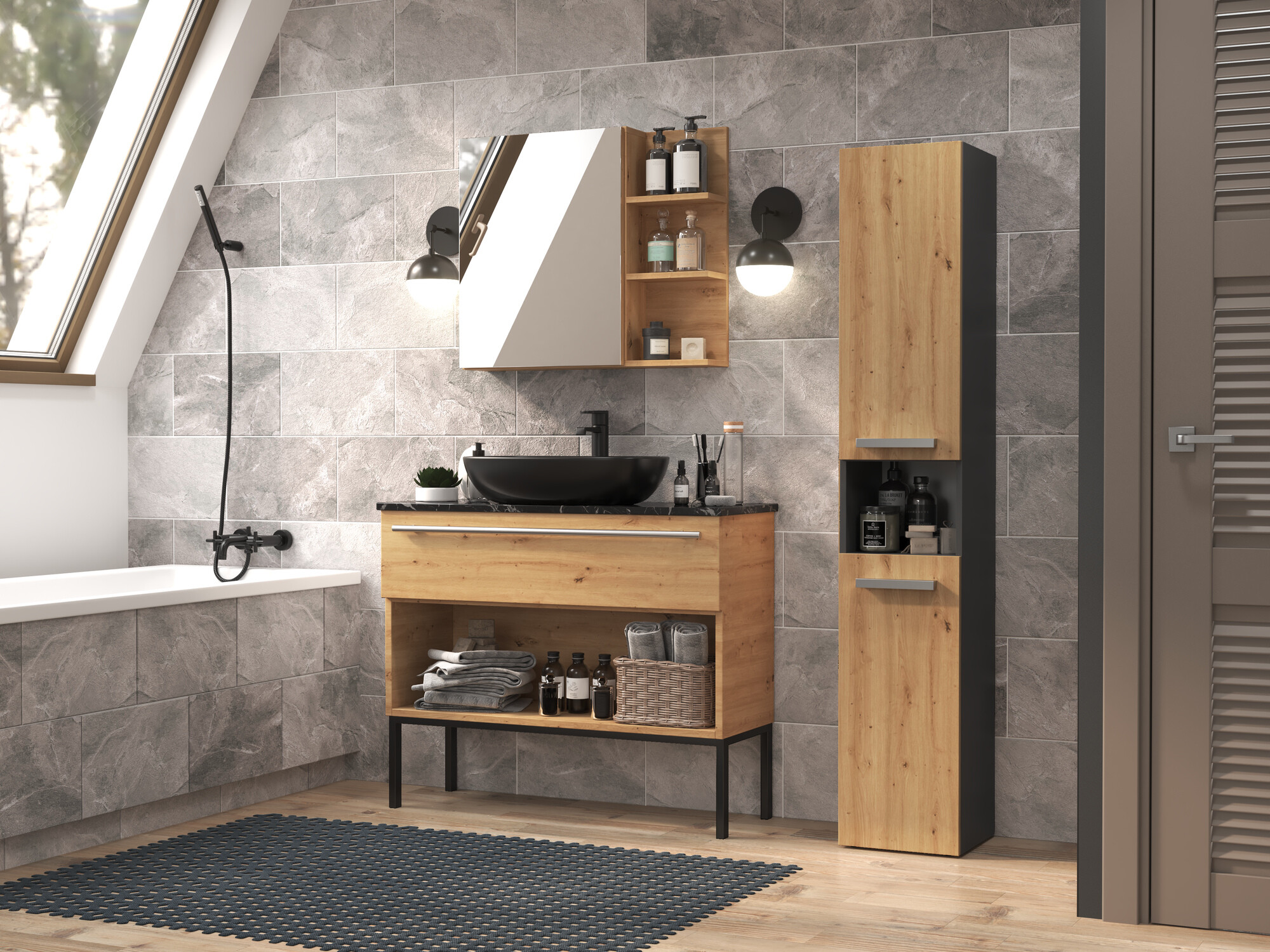 Armoire de bain à poser Nolmaru 106 (Anthracite + Chêne Artisan)