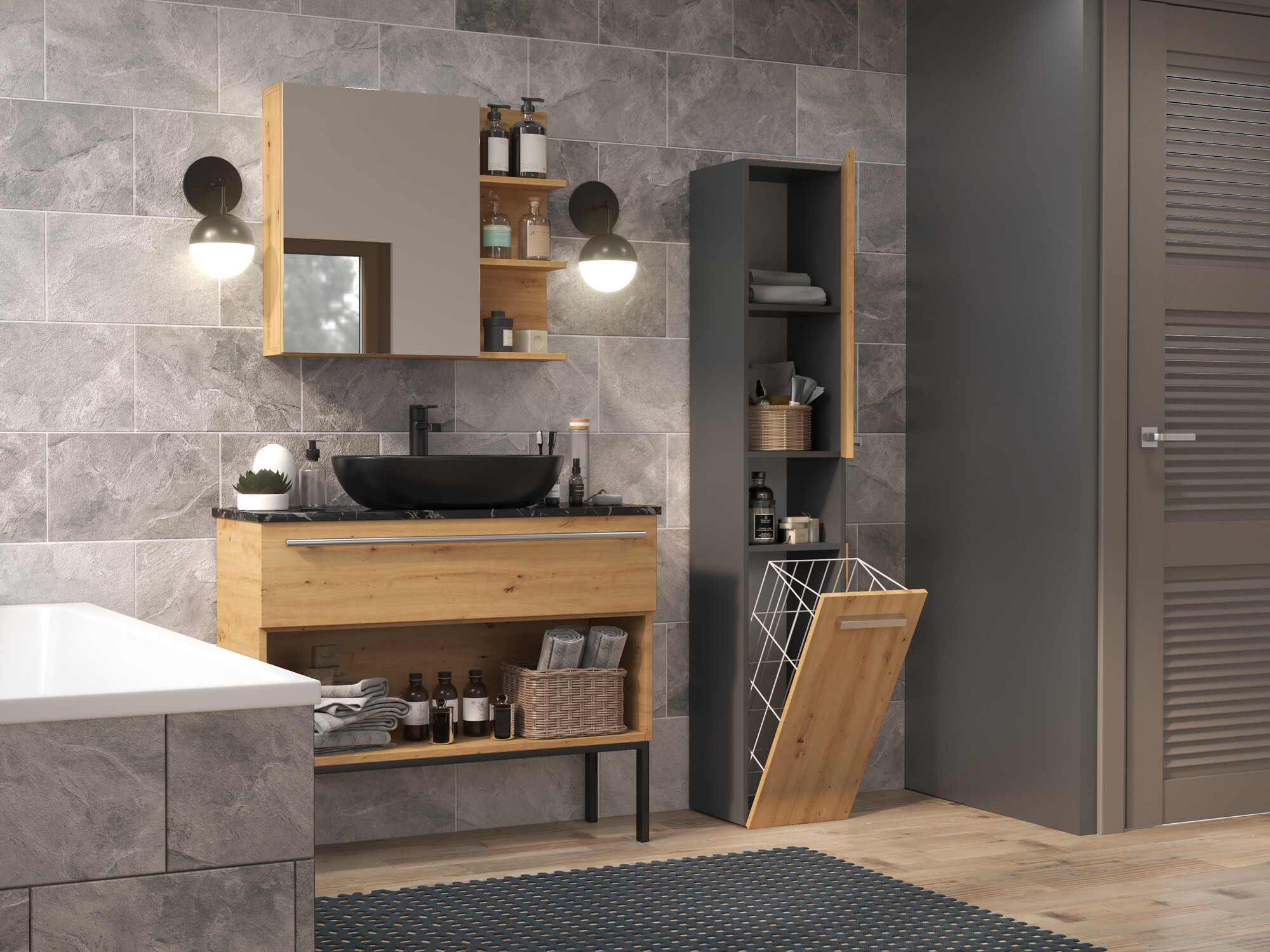 Armoire de bain à poser Nolmaru 106 (Anthracite + Chêne Artisan)