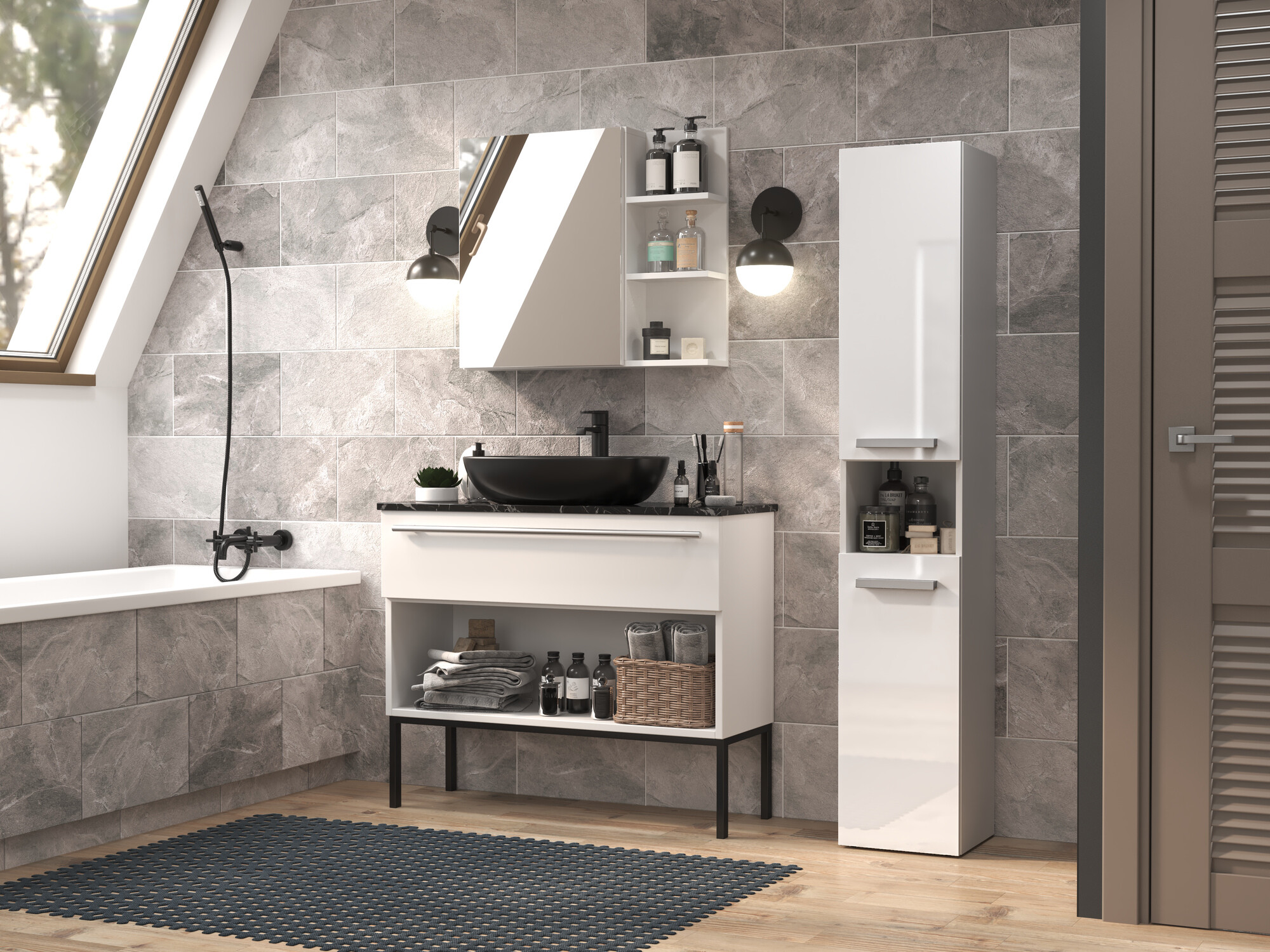 Armoire de bain à poser Nolmaru 106 (Blanc + Blanc brillant)