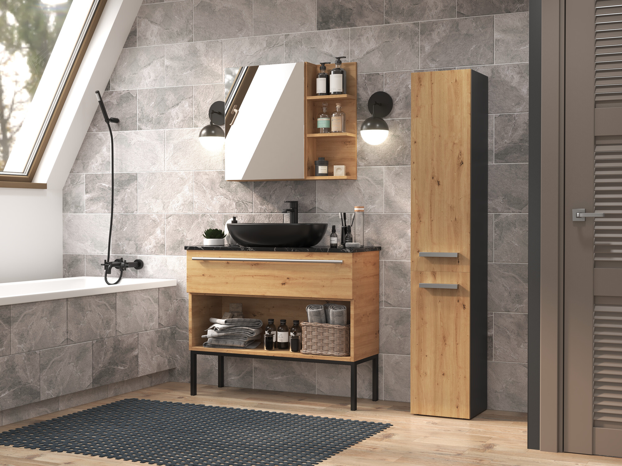 Armoire de bain à poser Nolmaru 107 (Anthracite + Chêne Artisan)