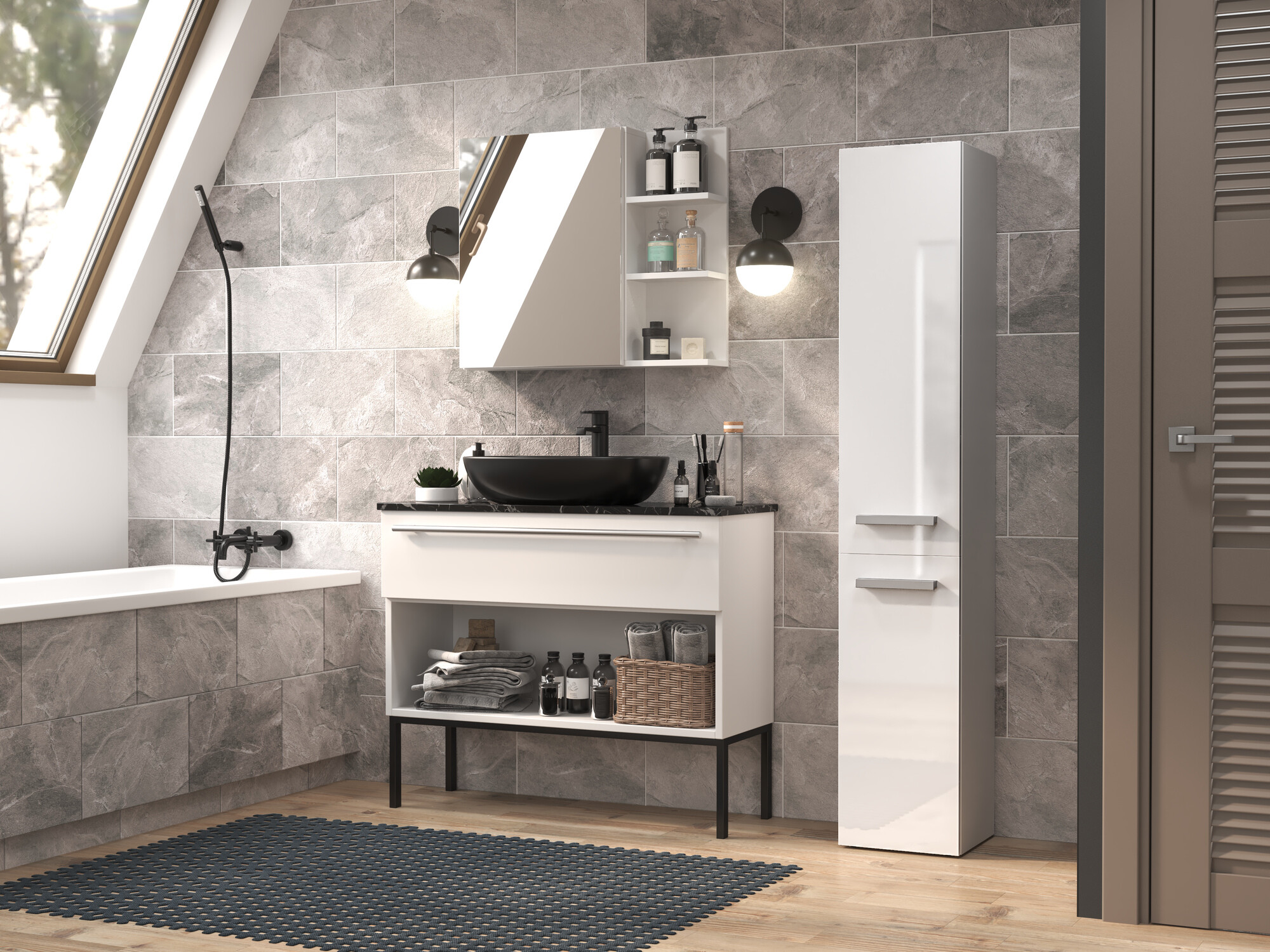 Armoire de bain à poser Nolmaru 107 (Blanc + Blanc brillant)