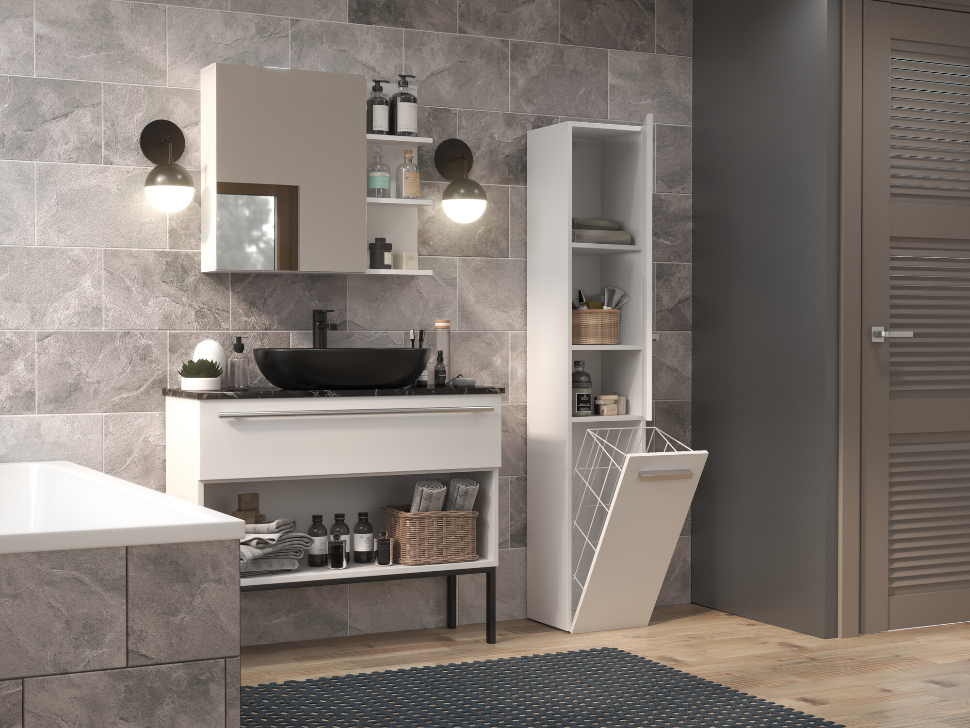 Armoire de bain à poser Nolmaru 107 (Blanc + Blanc brillant)