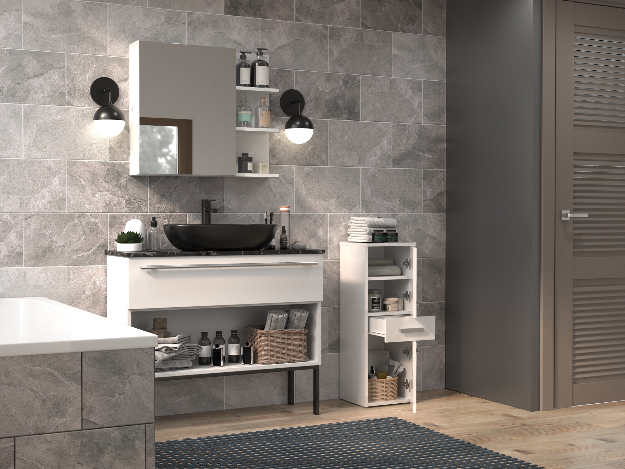 Armoire de bain à poser Nolmaru 108 (Blanc + Blanc brillant)