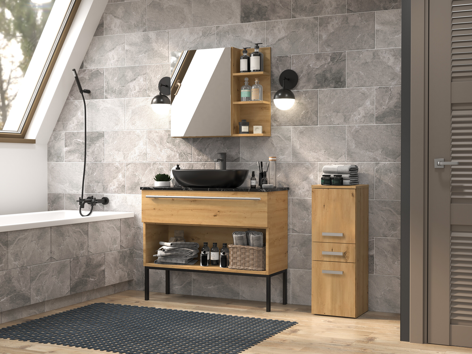 Armoire de bain à poser Nolmaru 108 (Chêne Artisan)