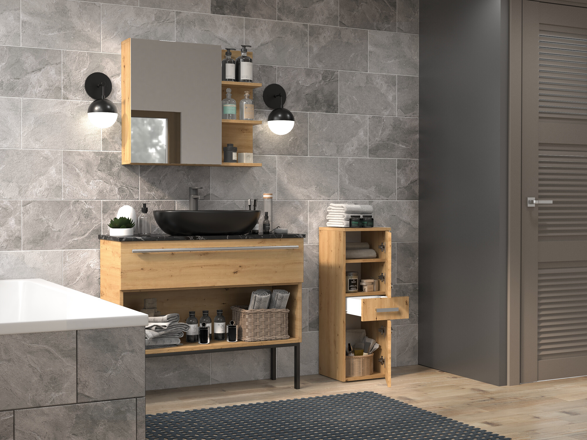Armoire de bain à poser Nolmaru 108 (Chêne Artisan)