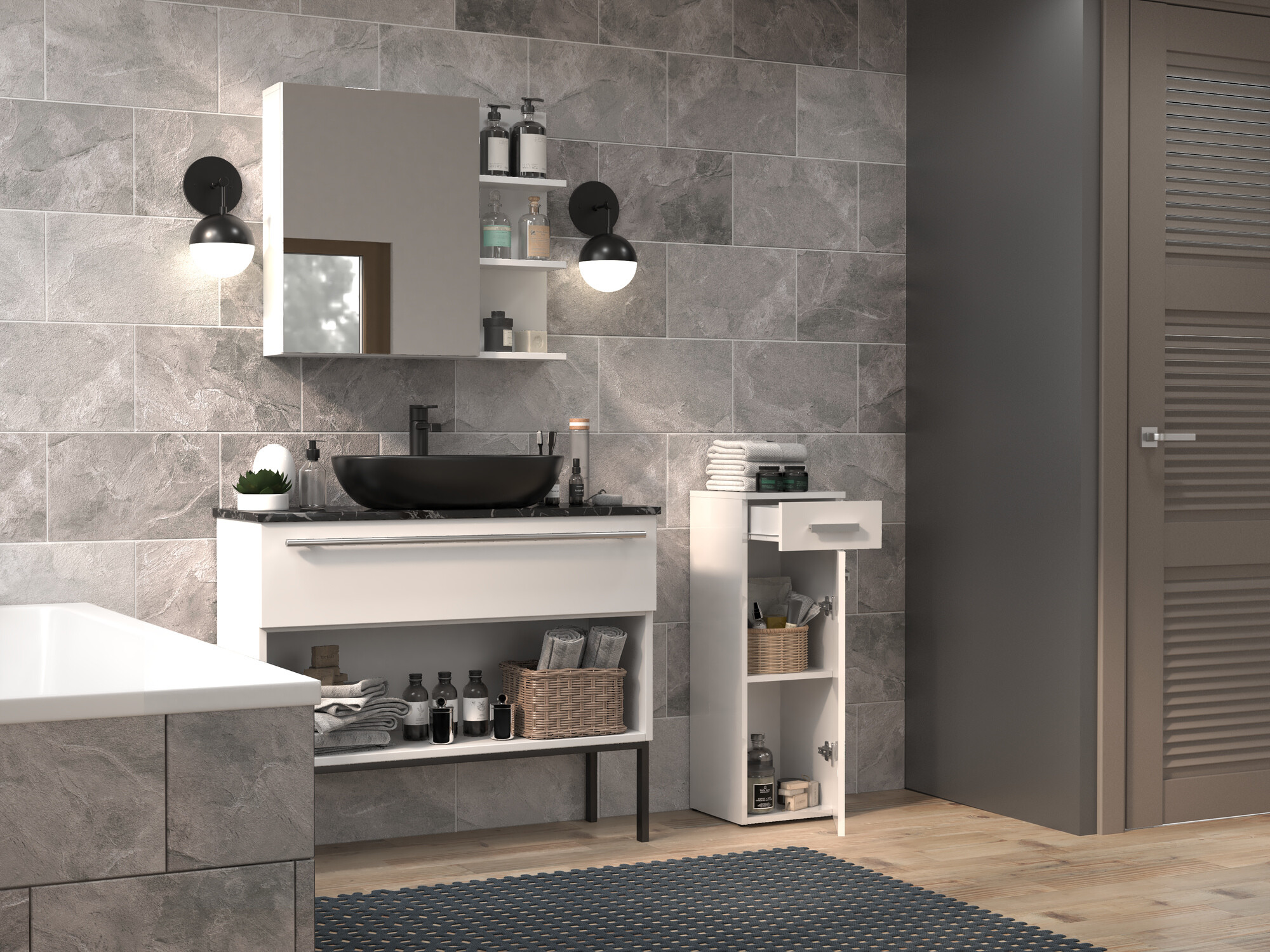 Armoire de bain à poser Nolmaru 109 (Blanc + Blanc brillant)