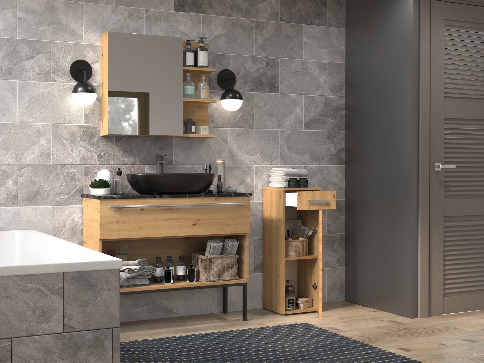 Armoire de bain à poser Nolmaru 109 (Chêne Artisan)