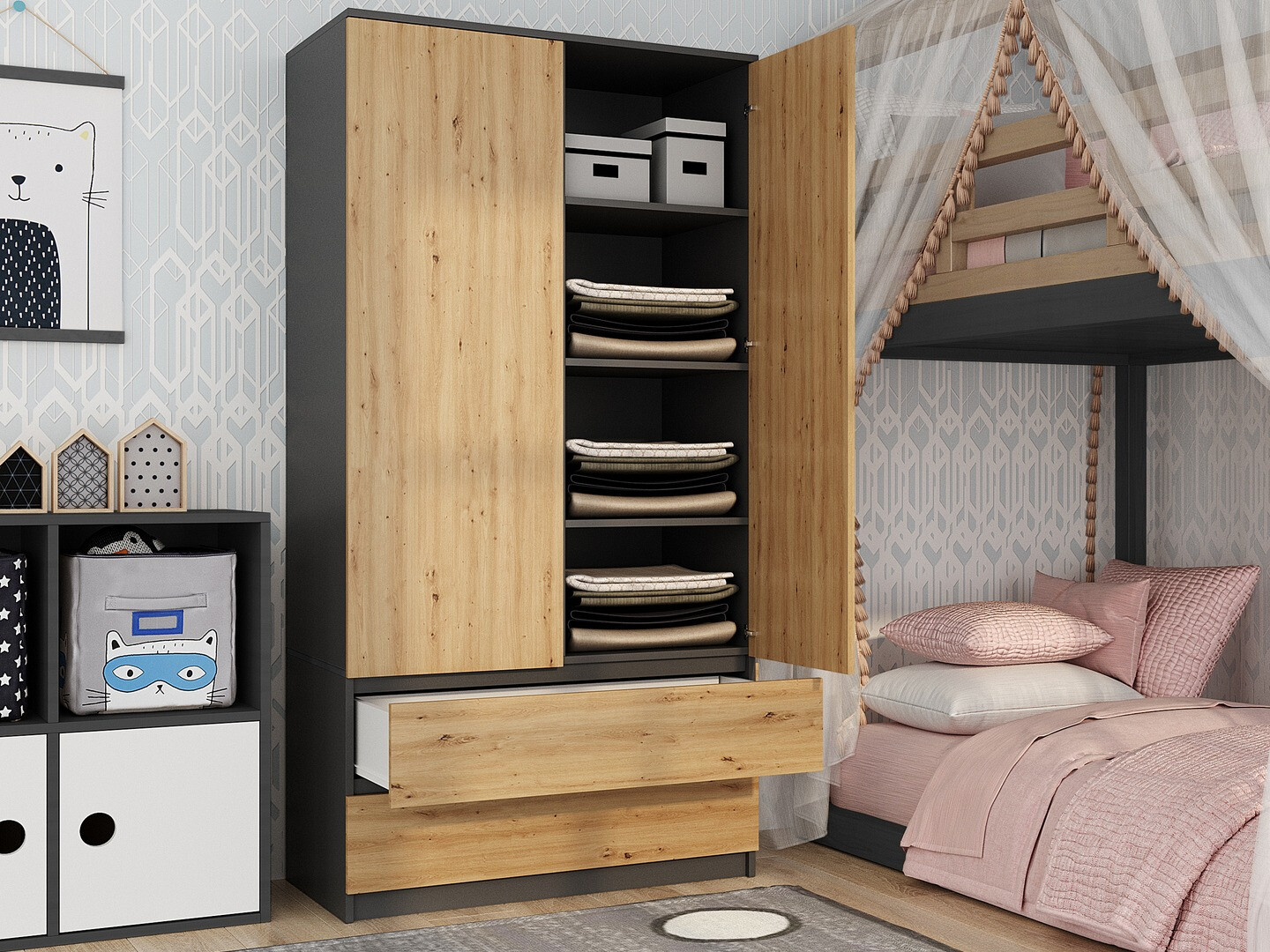 Armoire Elbvelu 116 (Anthracite + Chêne Artisan)