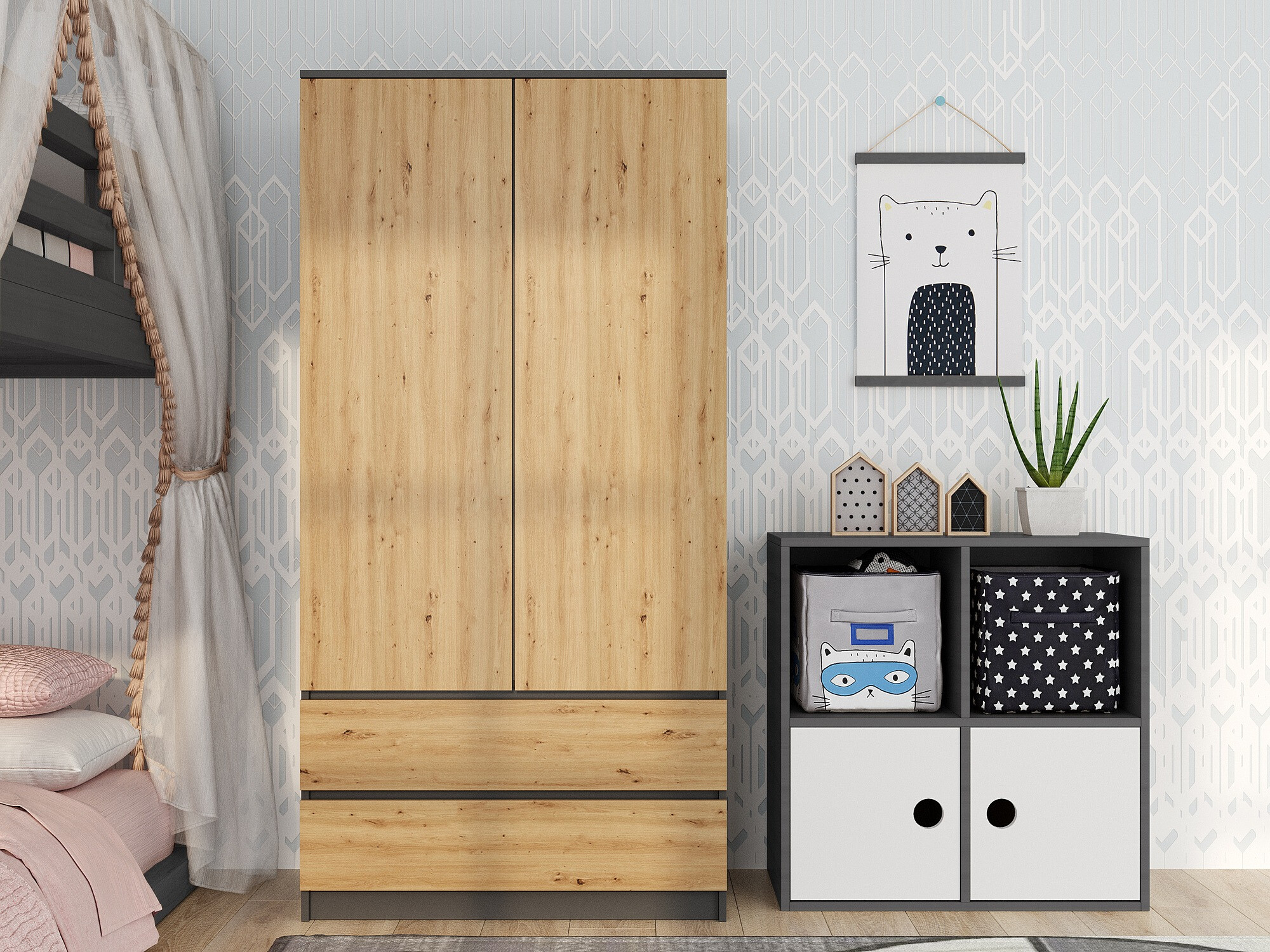 Armoire Elbvelu 116 (Anthracite + Chêne Artisan)
