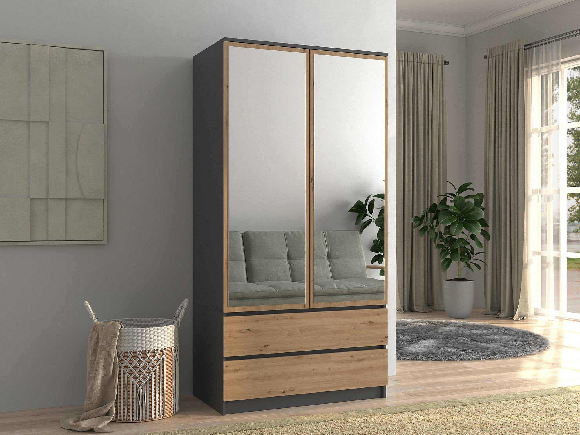 Armoire Elbvelu 116 (Anthracite + Chêne Artisan)