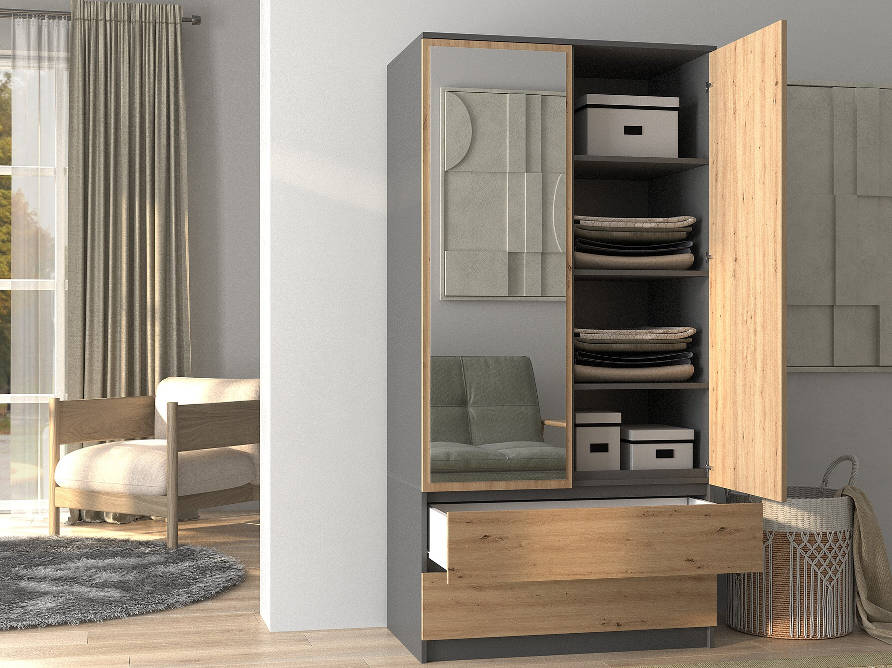 Armoire Elbvelu 116 (Anthracite + Chêne Artisan)